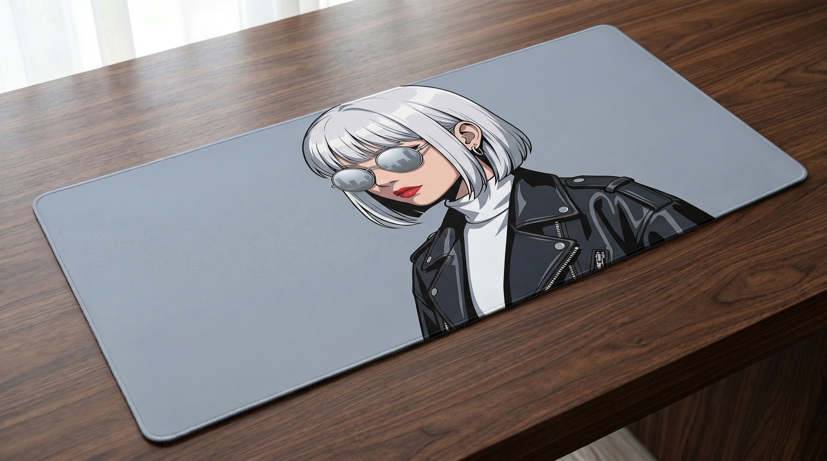 Beyaz saçlı, güneş gözlüklü ve deri ceketli anime tarzı kadın illüstrasyonu.
