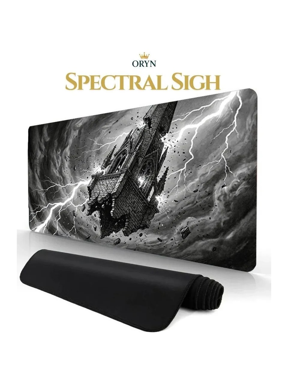 Yıldırımla vurulan yıkık kuleli siyah mousepad.