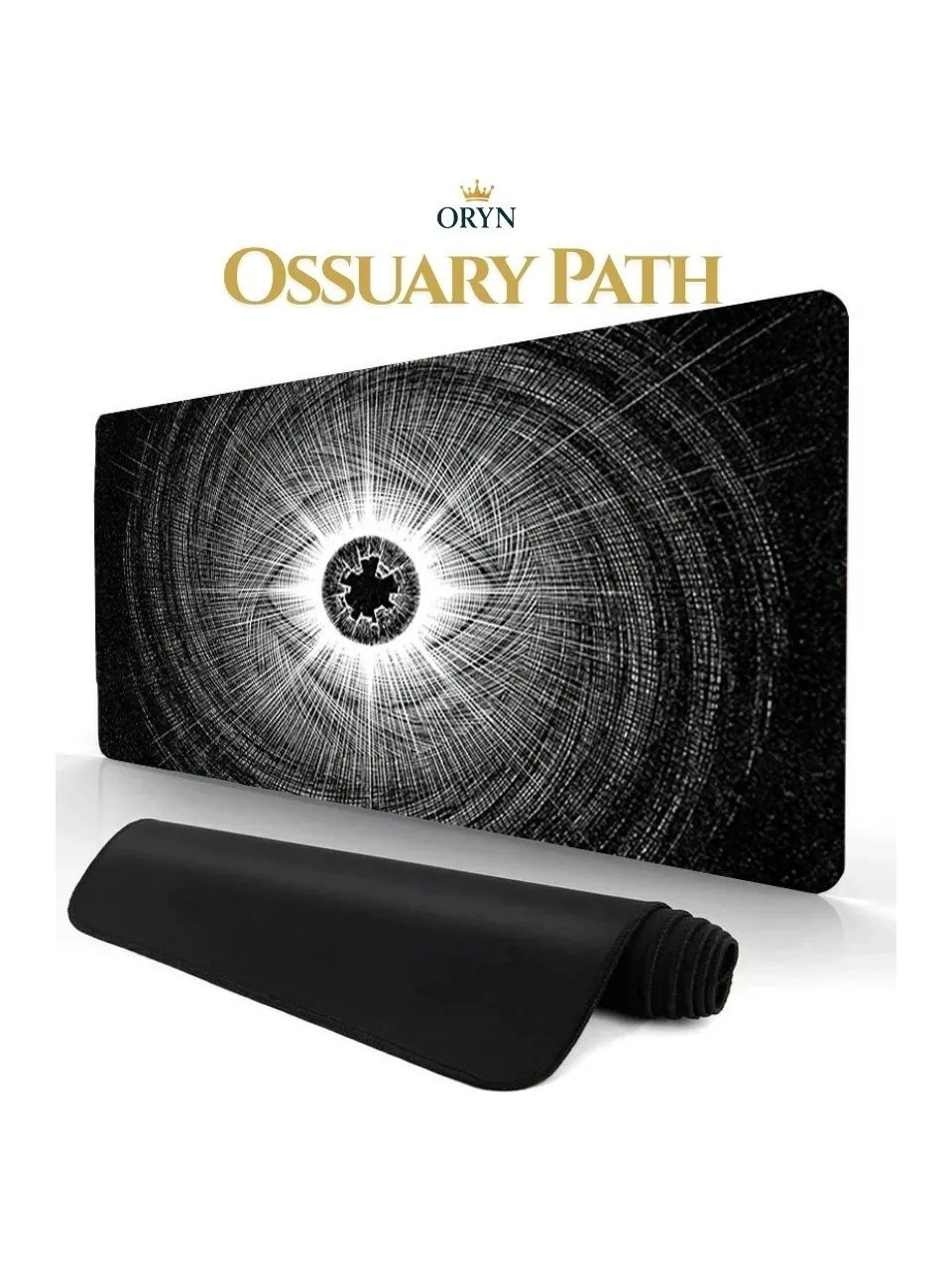 Sarmal yıldız patlaması tasarımlı siyah mousepad ve rulo yapılmış siyah mat.