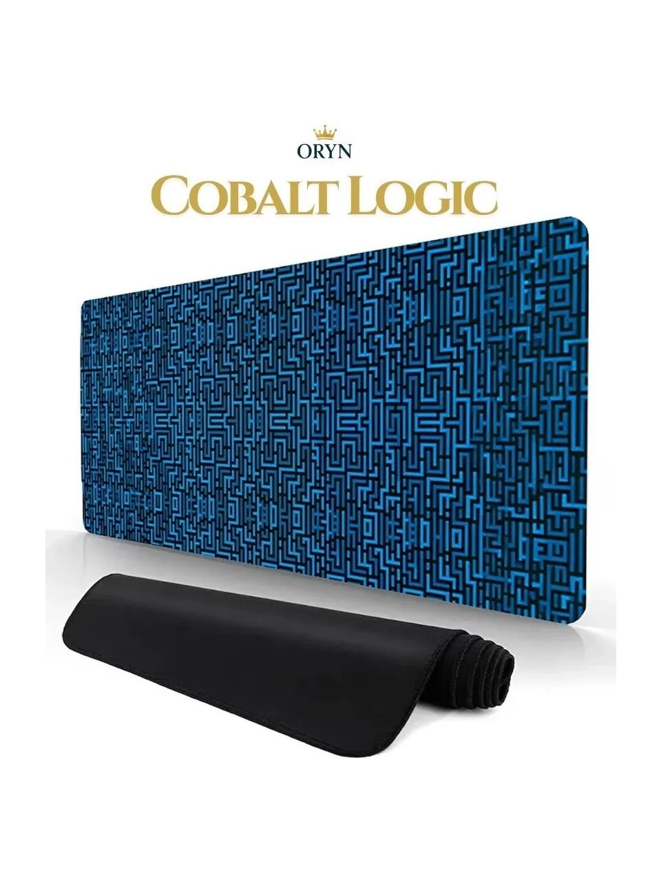 COBALT LOGIC yazılı mavi labirent desenli siyah mousepad.