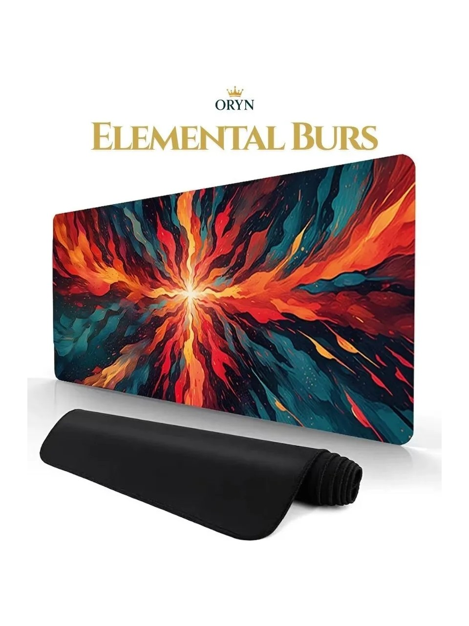 Kırmızı, turuncu ve mavi tonlarda soyut ateşli tasarıma sahip siyah bir mousepad.