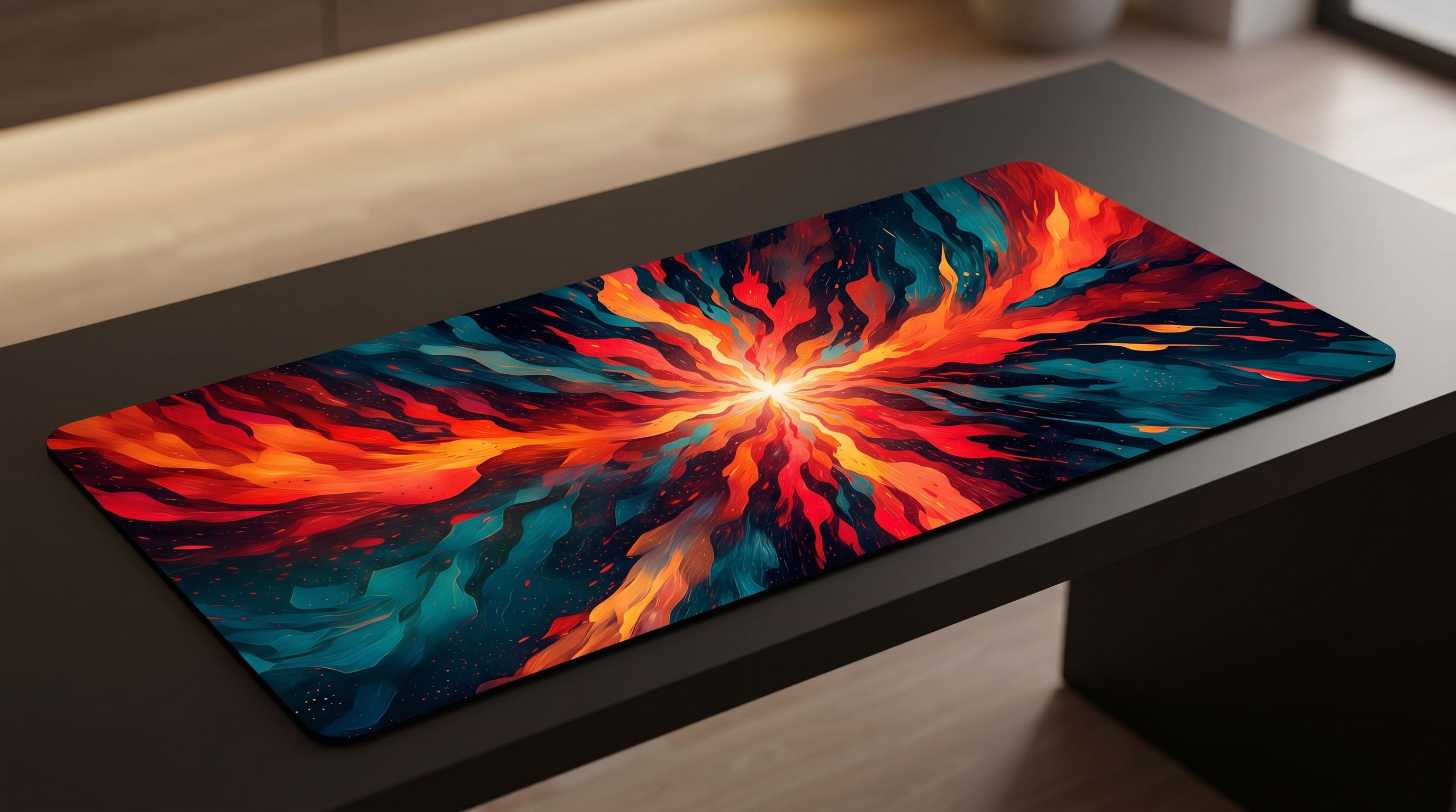 Kırmızı, turuncu ve mavi renklerde soyut, ateşli tasarıma sahip siyah mousepad.