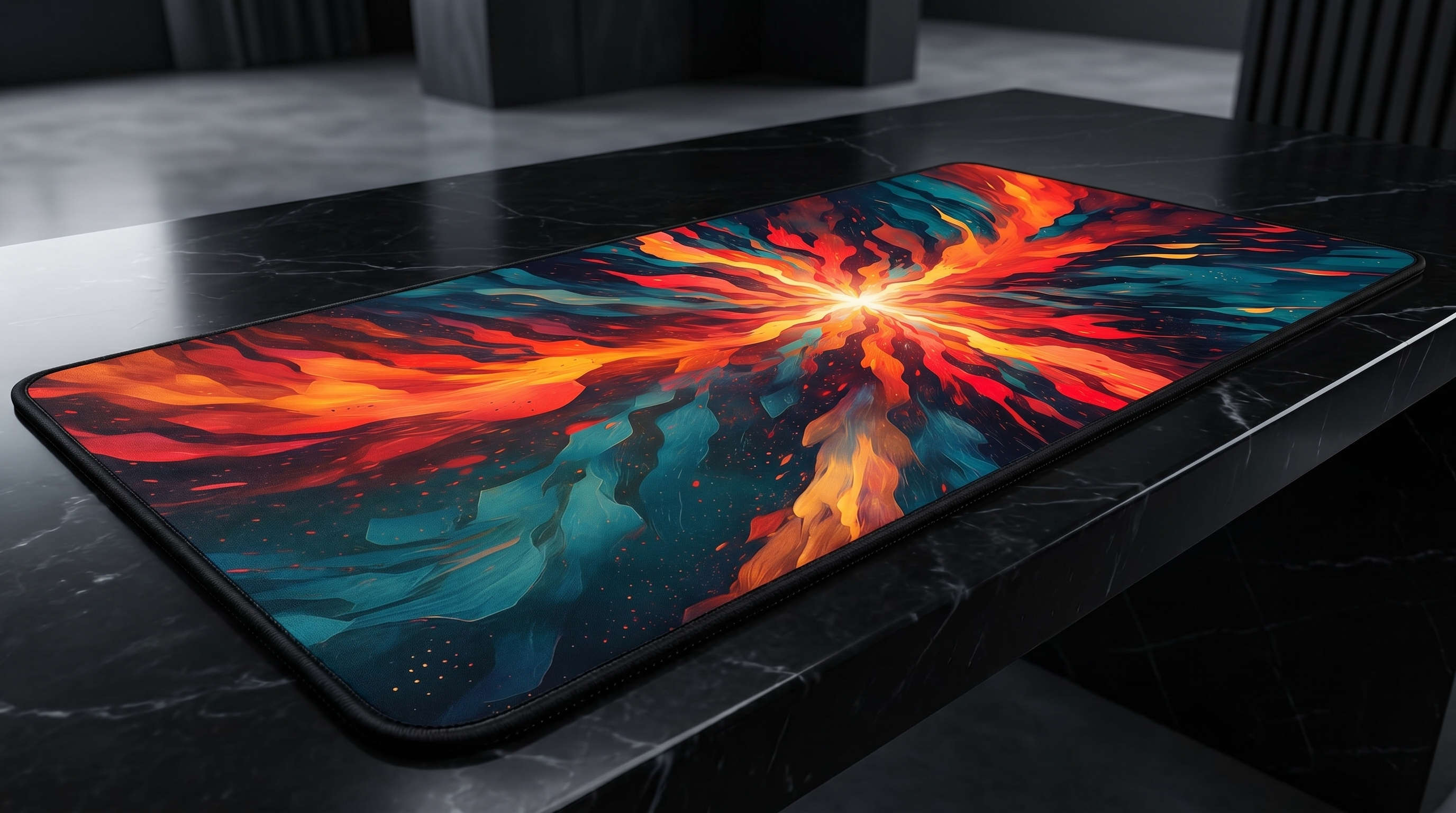 Kırmızı, turuncu ve turkuaz renklerde ateşli bir patlamayla canlı, soyut bir mousepad.