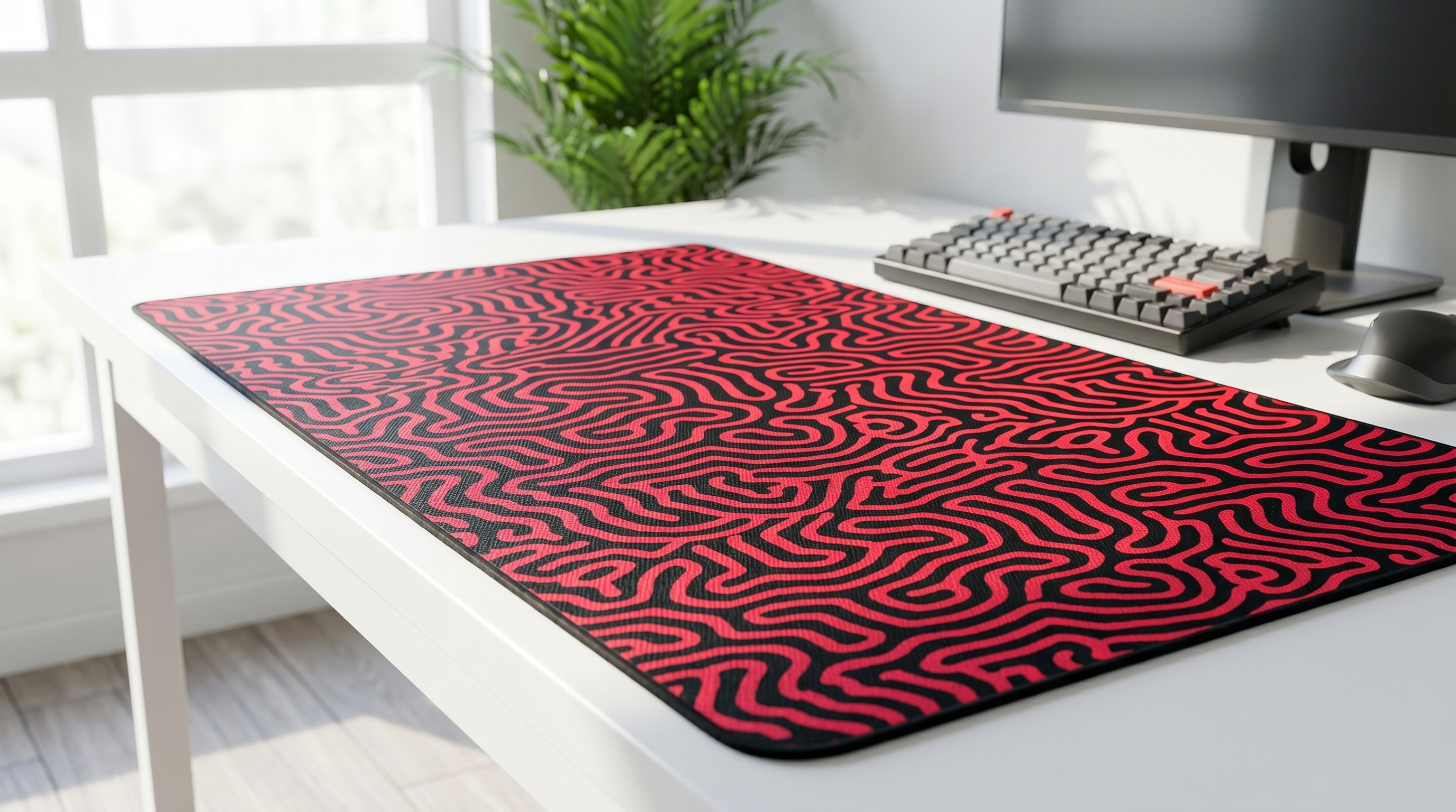 Kırmızı ve siyah desenli mousepad, klavye, fare ve bitki bulunan masa.