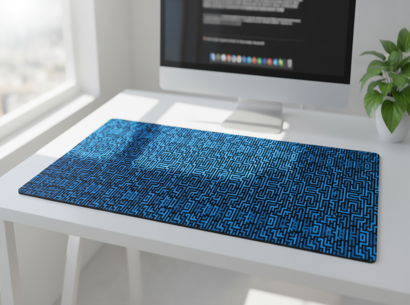 Mavi labirent mousepad, bilgisayar monitörü ve bitki bulunan masa.