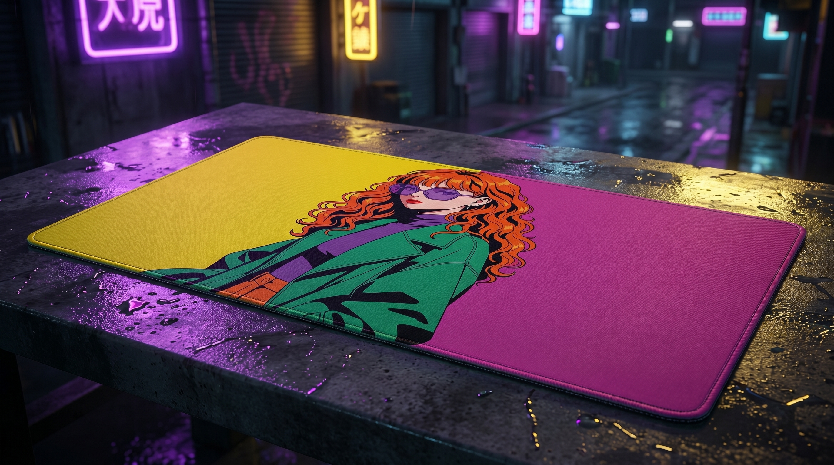 Sarı ve mor arka plan üzerinde anime kızının yer aldığı bir mousepad.