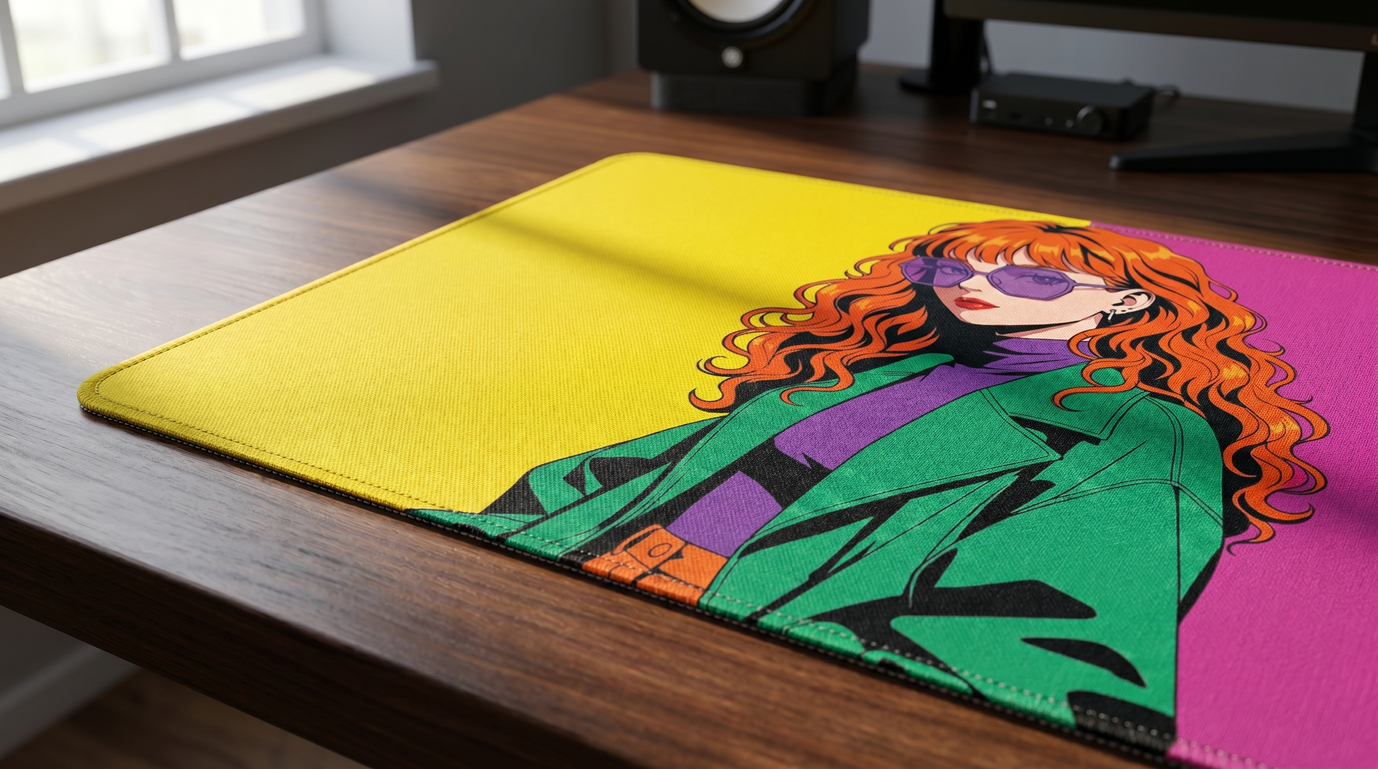 Sarı fonlu anime mousepad, mor güneş gözlüklü, yeşil ceketli.