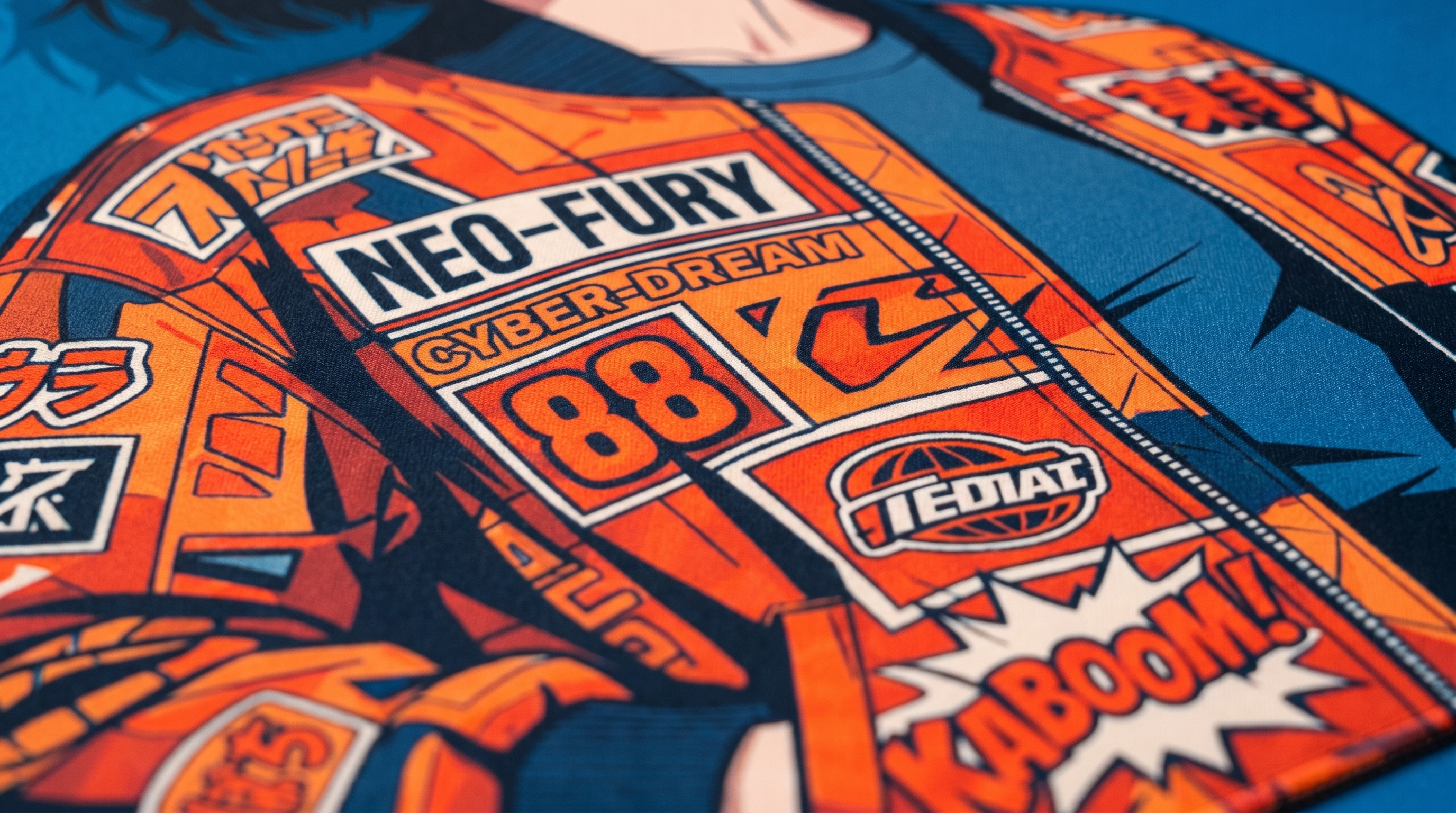 Turuncu ceket 'NEO-FURY CYBER-DREAM 88' yazısı ve çizgi roman tarzı grafiklere sahip.