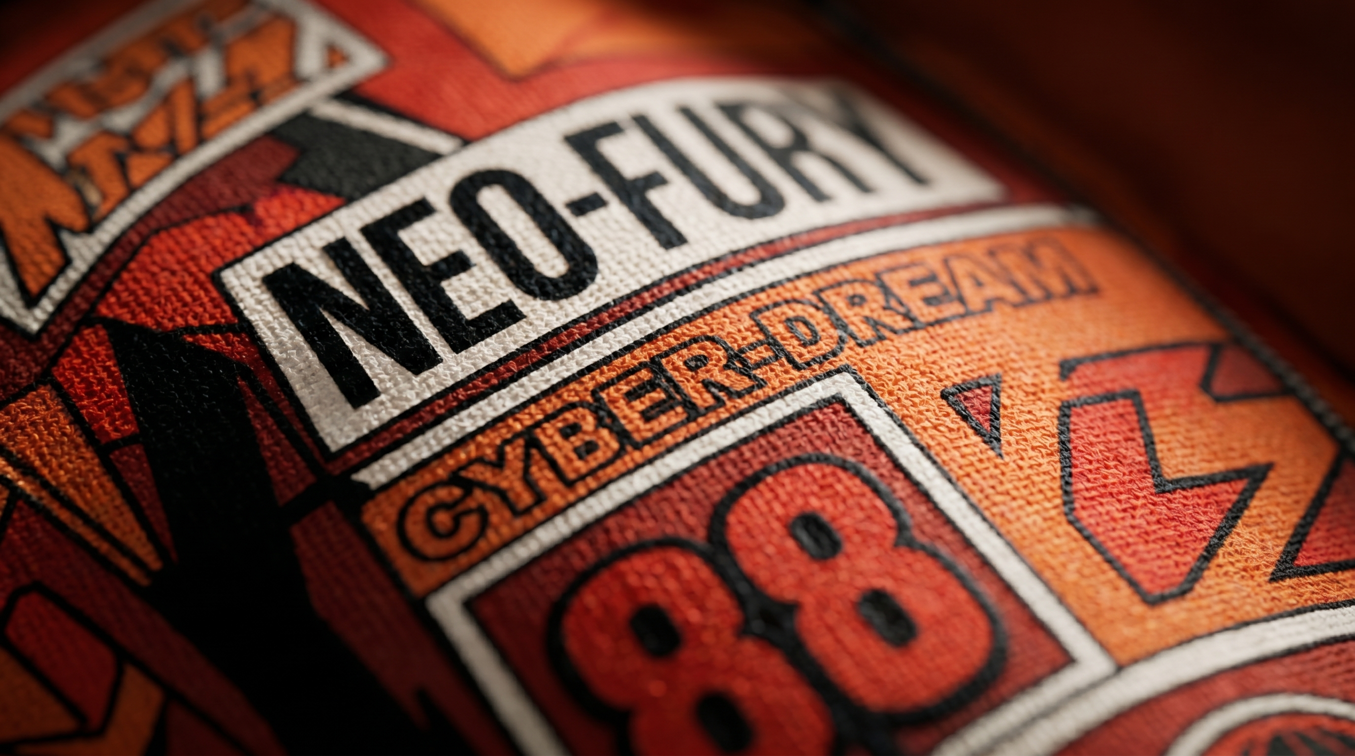 Kırmızı ve turuncu kumaşın yakın çekimi, üzerinde "NEO-FURY CYBER-DREAM" yazısı ve 88 rakamı.
