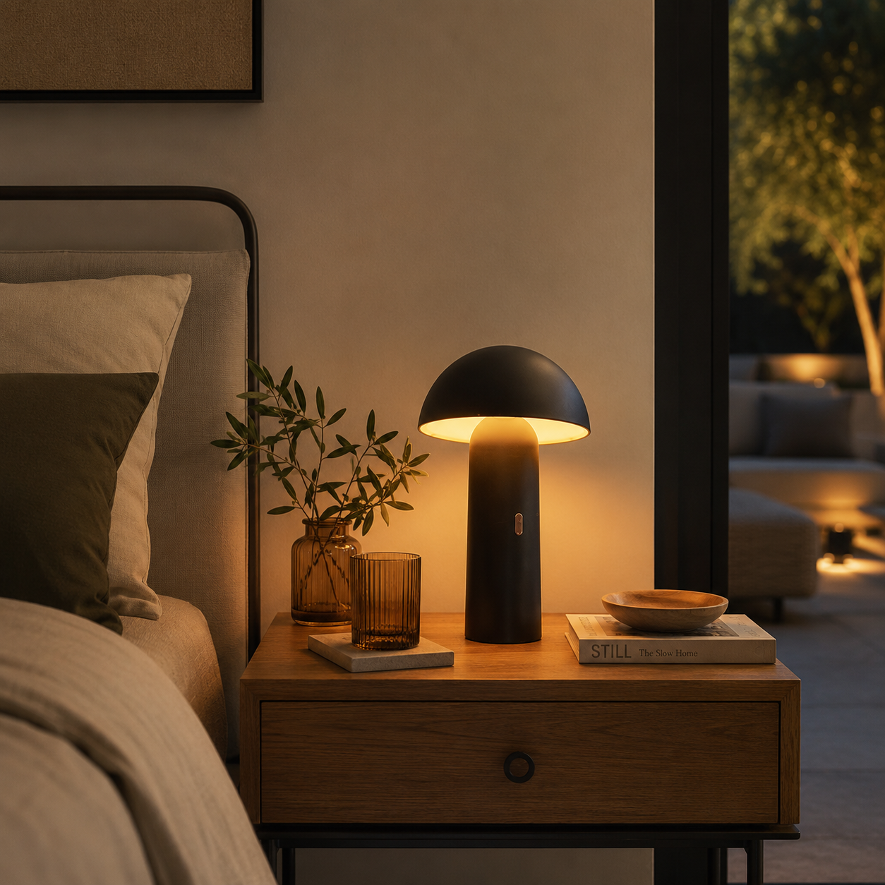 Ein Nachttisch mit Lampe, Vase, Glas und Buch neben einem Bett.