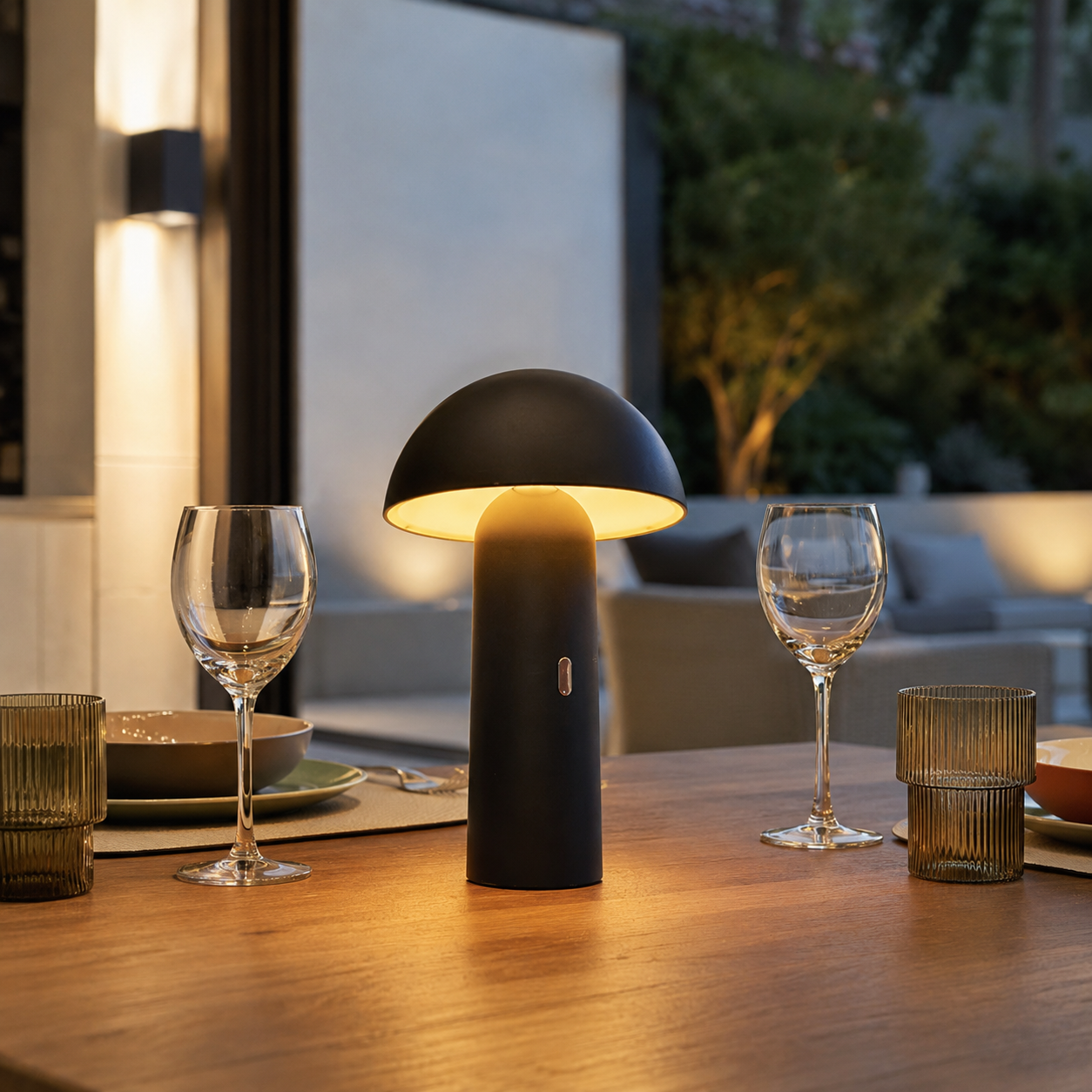 Schwarze Pilzlampe auf Holztisch mit Weingläsern und Gläsern im Freien.
