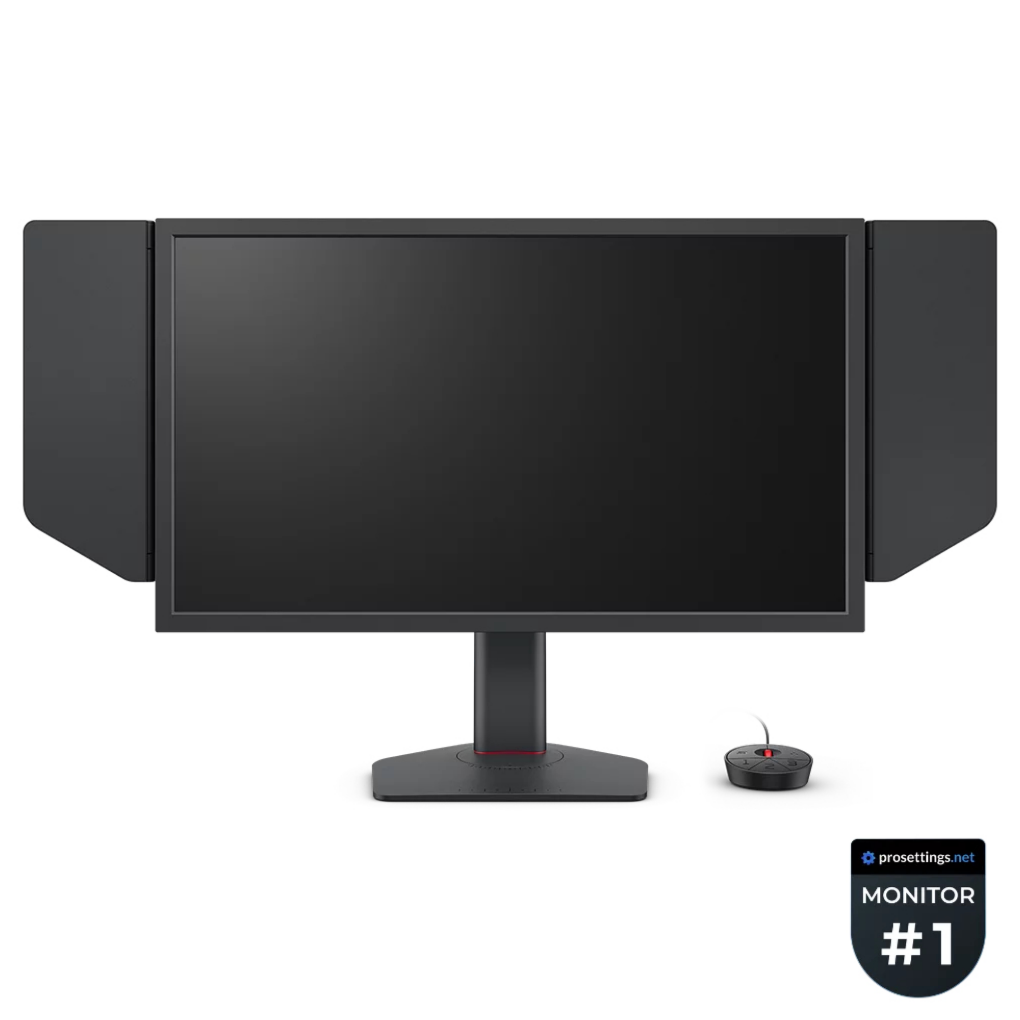 Un grande monitor nero con scudi laterali e un piccolo controller rotondo.