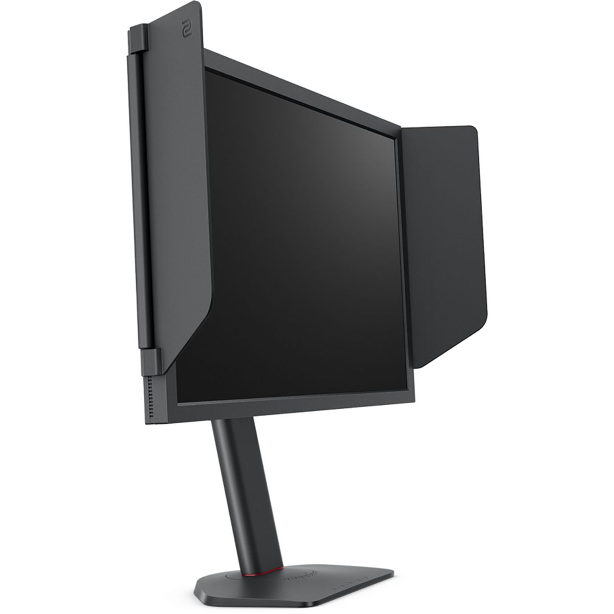 Un monitor nero con paraluce è su un supporto nero, su sfondo bianco.