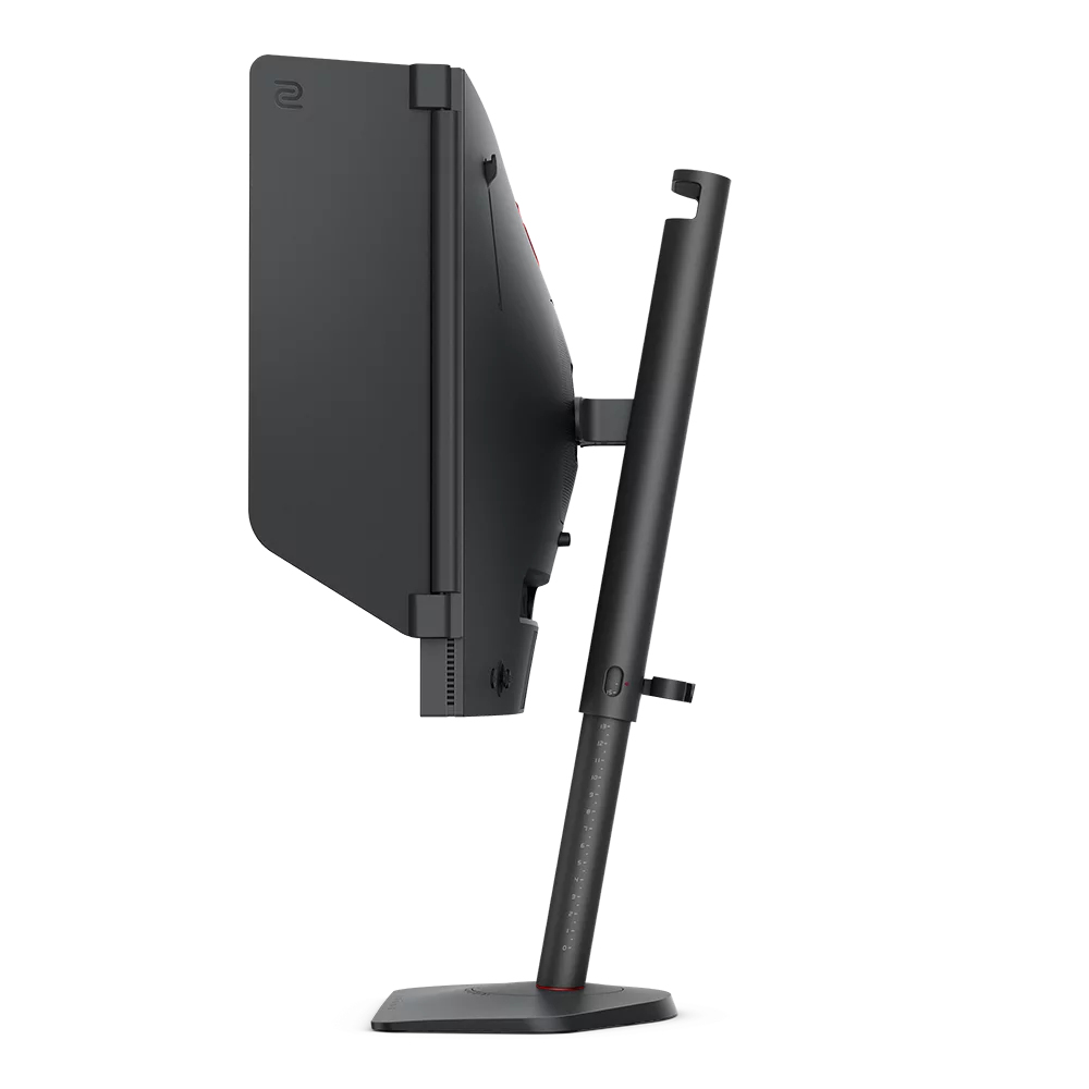 Un monitor nero con un elegante supporto nero, visto di lato.