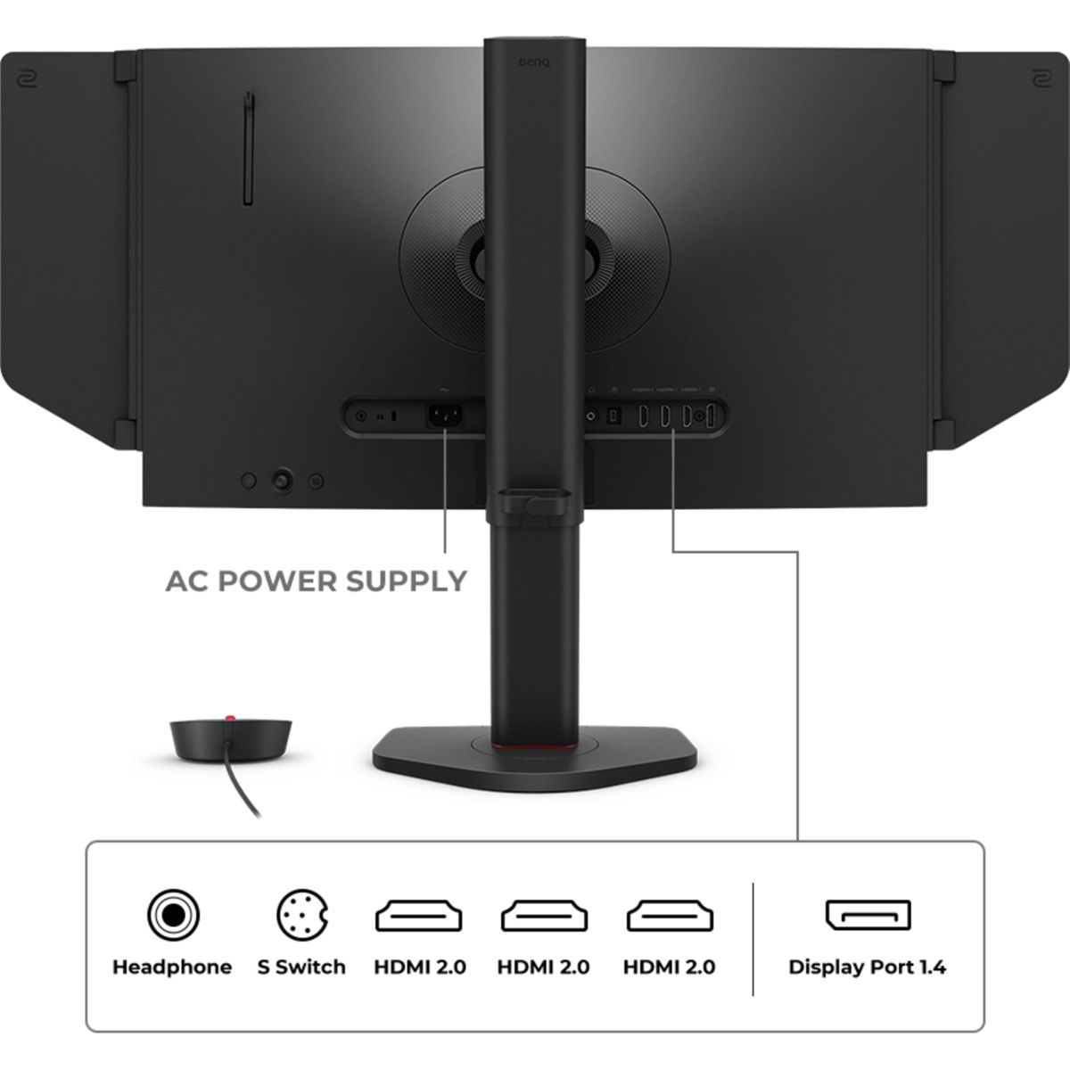 Retro del monitor con connessioni: alimentazione AC, cuffie, S-Switch, 3x HDMI 2.0, DP 1.4.