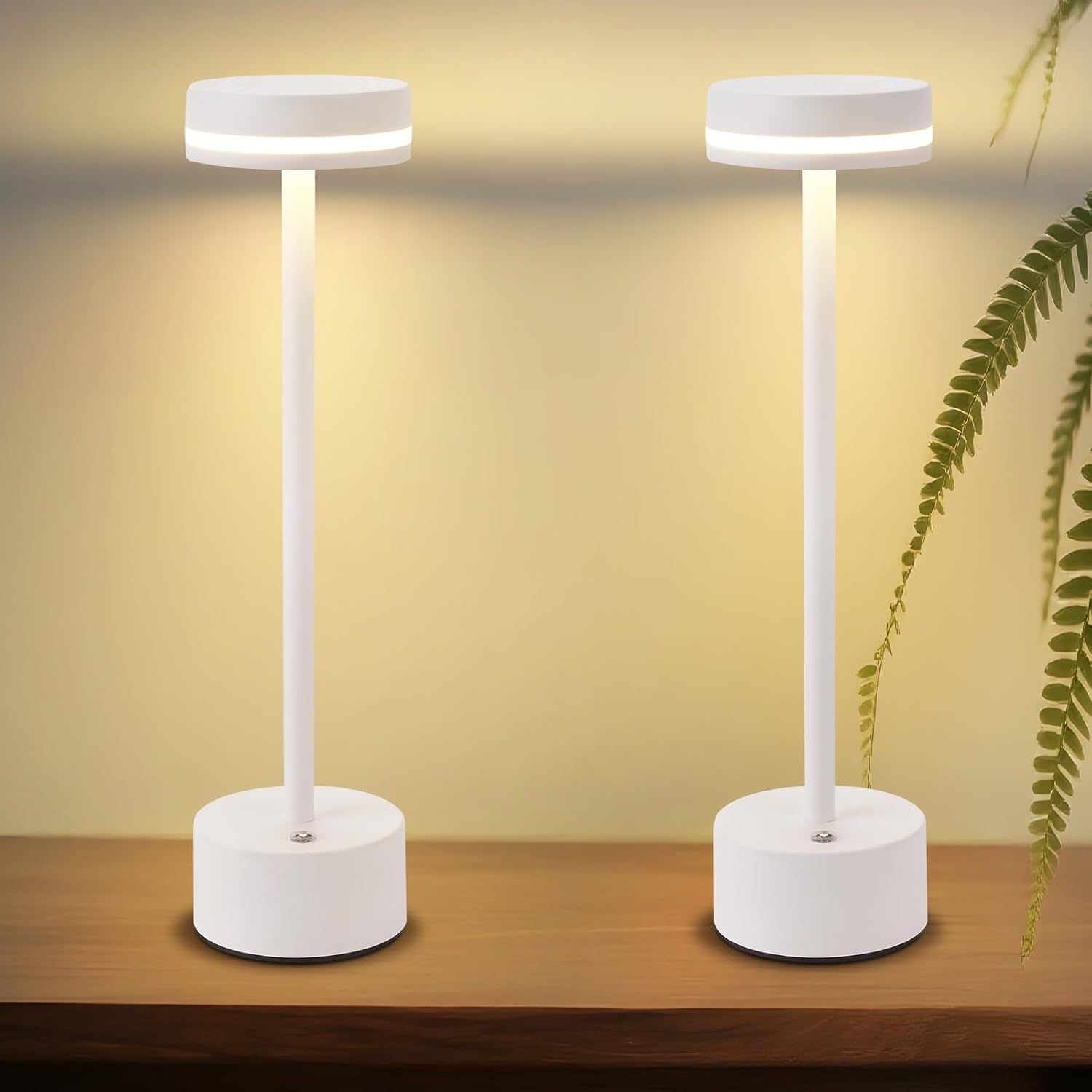 Dos lámparas de mesa LED blancas con bases redondas y tallos delgados están una al lado de la otra.