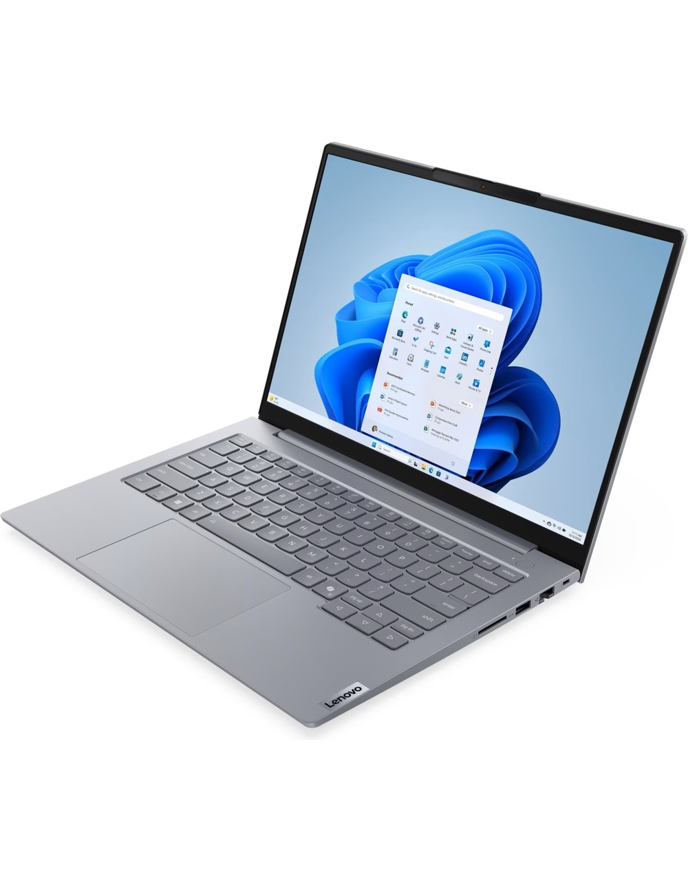 Gümüş renkli bir Lenovo dizüstü bilgisayar açık, ekranında Windows 11 başlangıç menüsü görünüyor.