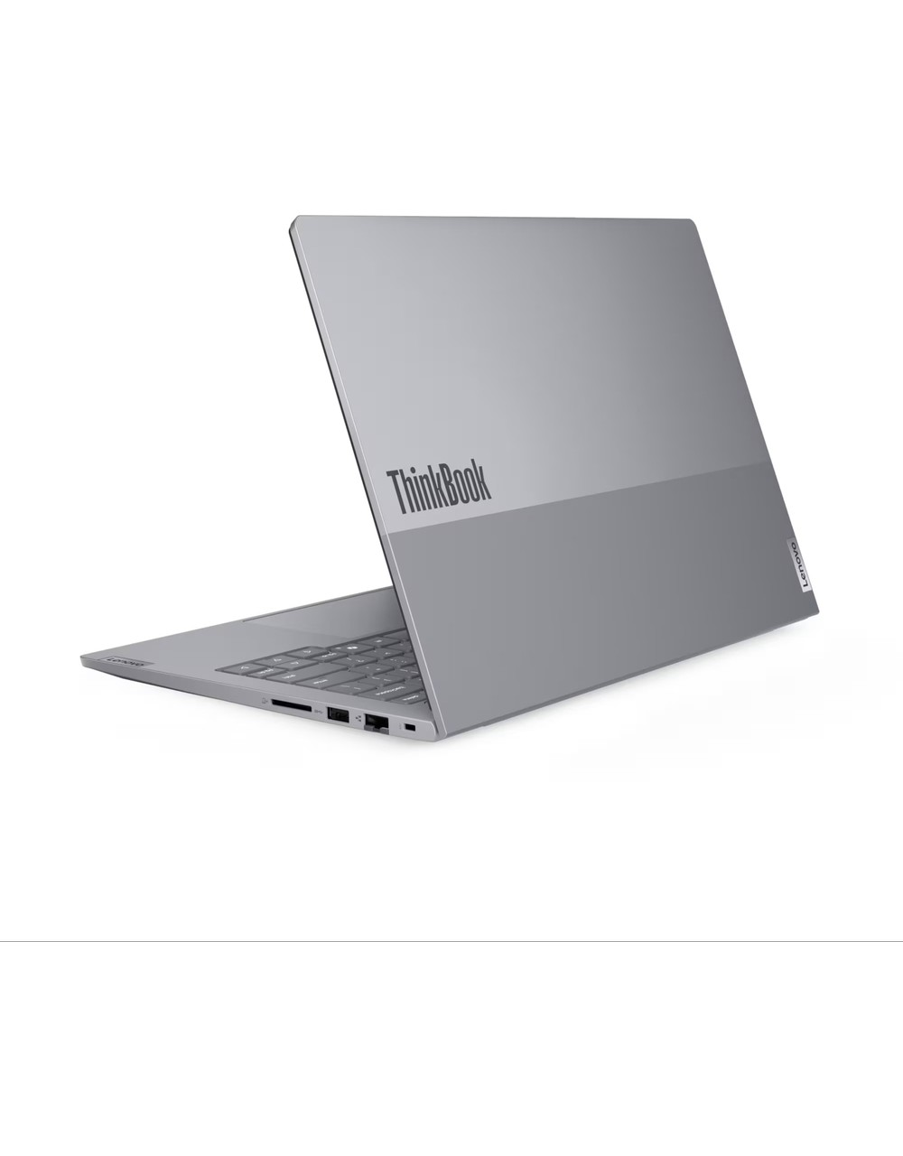 Beyaz arka plan üzerinde gri bir Lenovo ThinkBook diz üstü bilgisayar gösteriliyor.