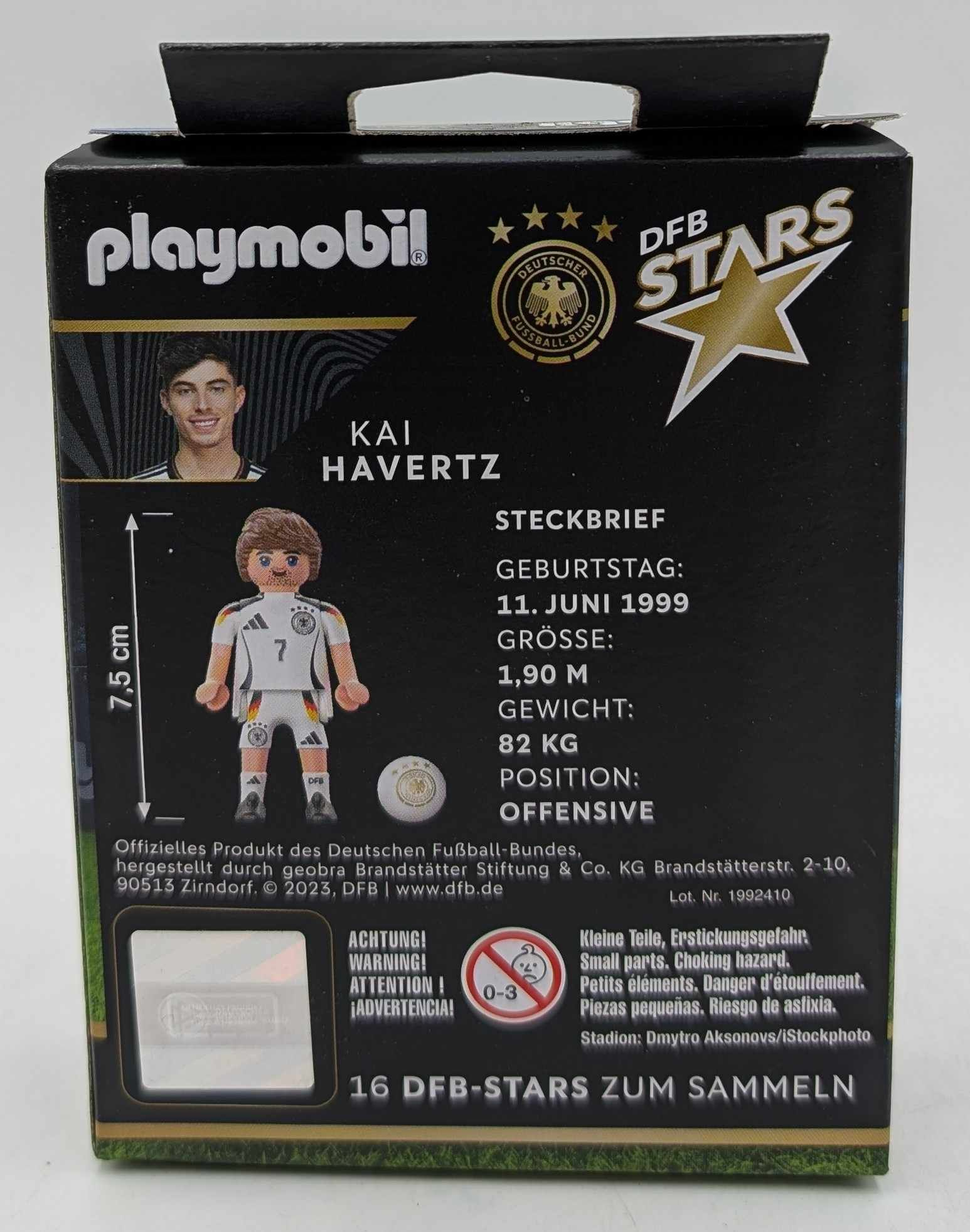 Playmobil Figur Kai Havertz mit Trikot, Spielinfo und Warnhinweis.