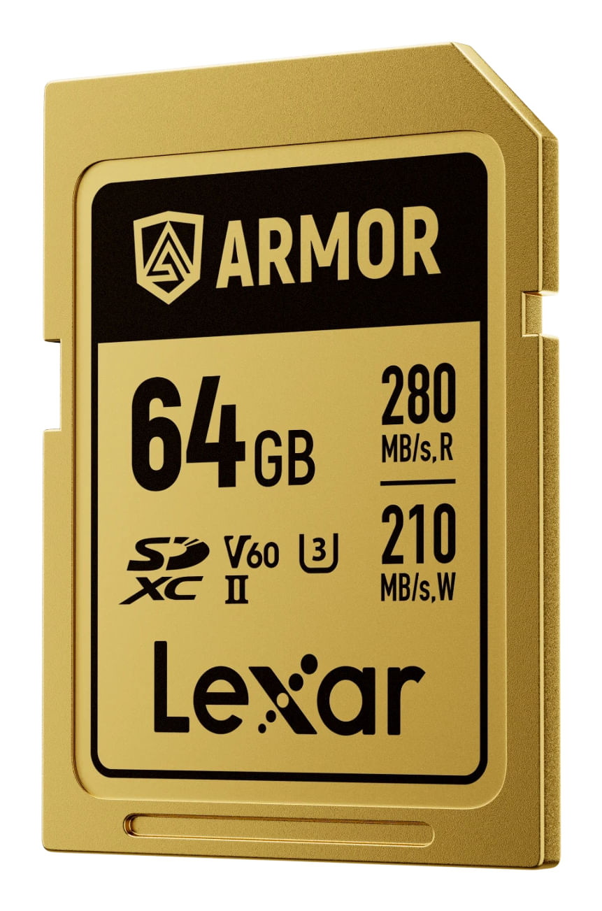 Scheda SDXC II Lexar dorata da 64 GB con marchio ARMOR. Lettura 280 MB/s, scrittura 210 MB/s.