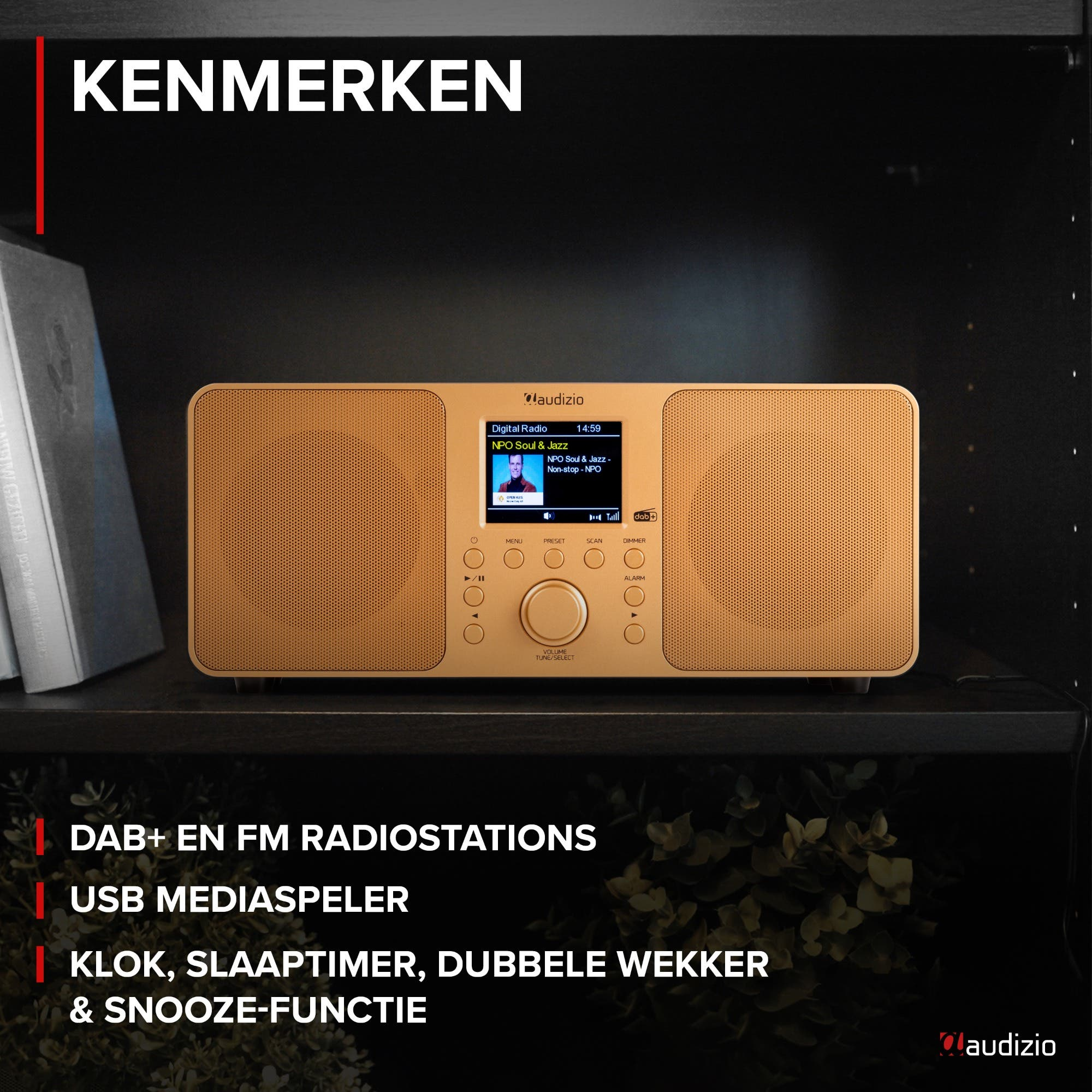 Ein goldfarbenes Digitalradio mit Lautsprechern, Bildschirm und Bedienelementen.