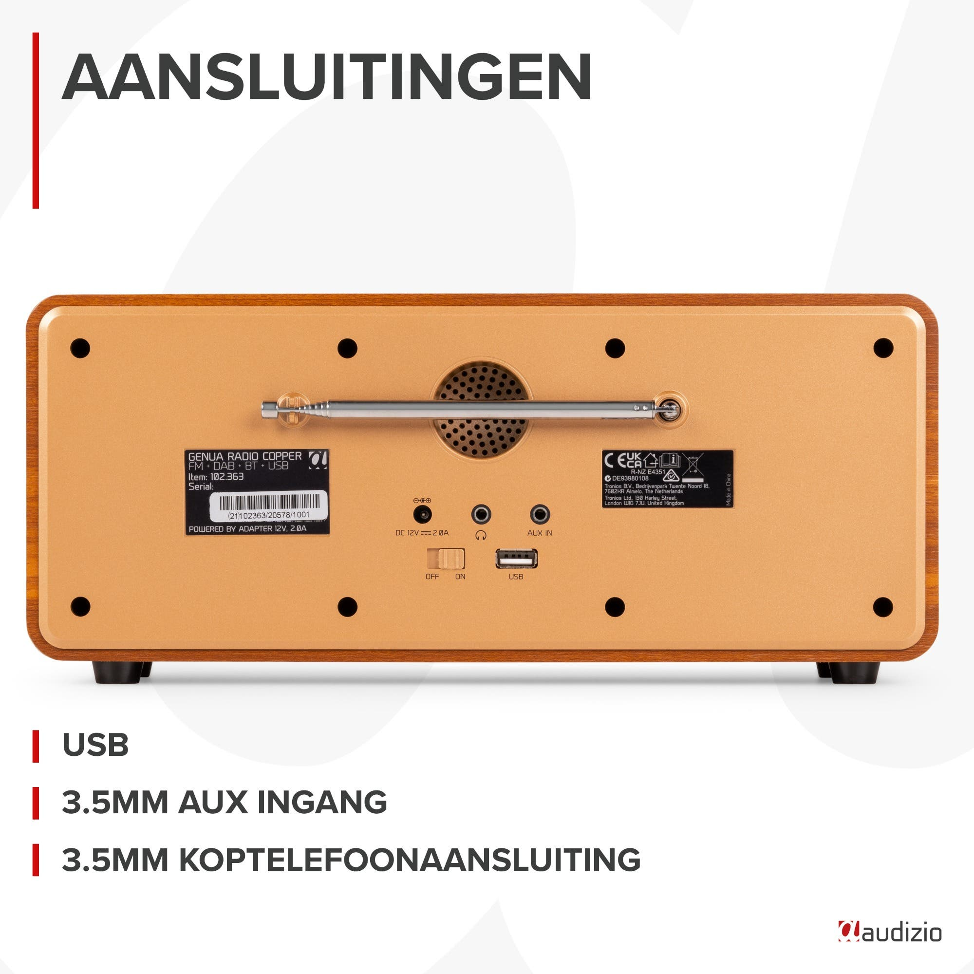 Rückseite eines Holzradios mit Anschlüssen: USB, 3,5-mm-Aux-In, Kopfhörer.