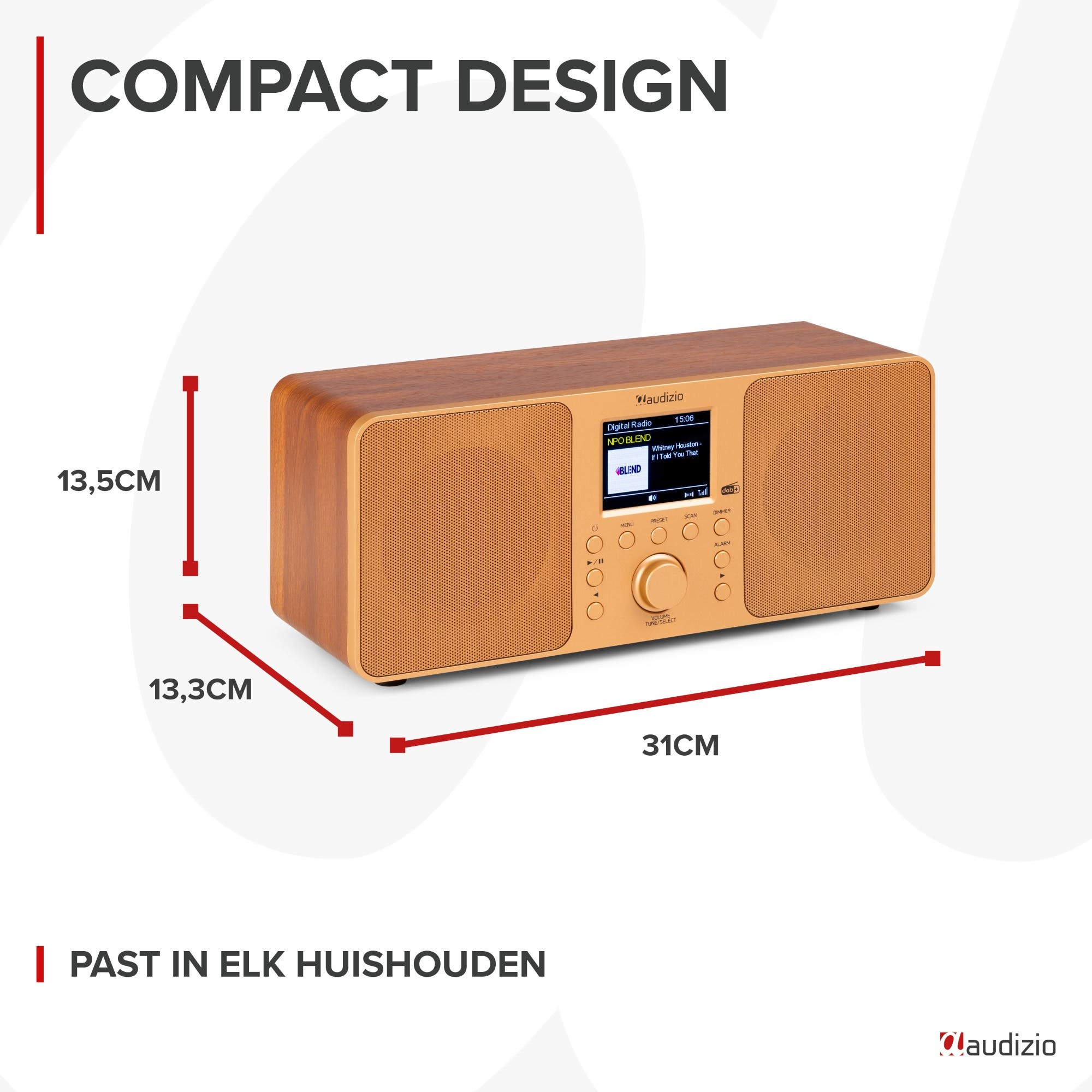 Ein brauner Audizio Digitalradio mit Display, Knöpfen und Drehregler.