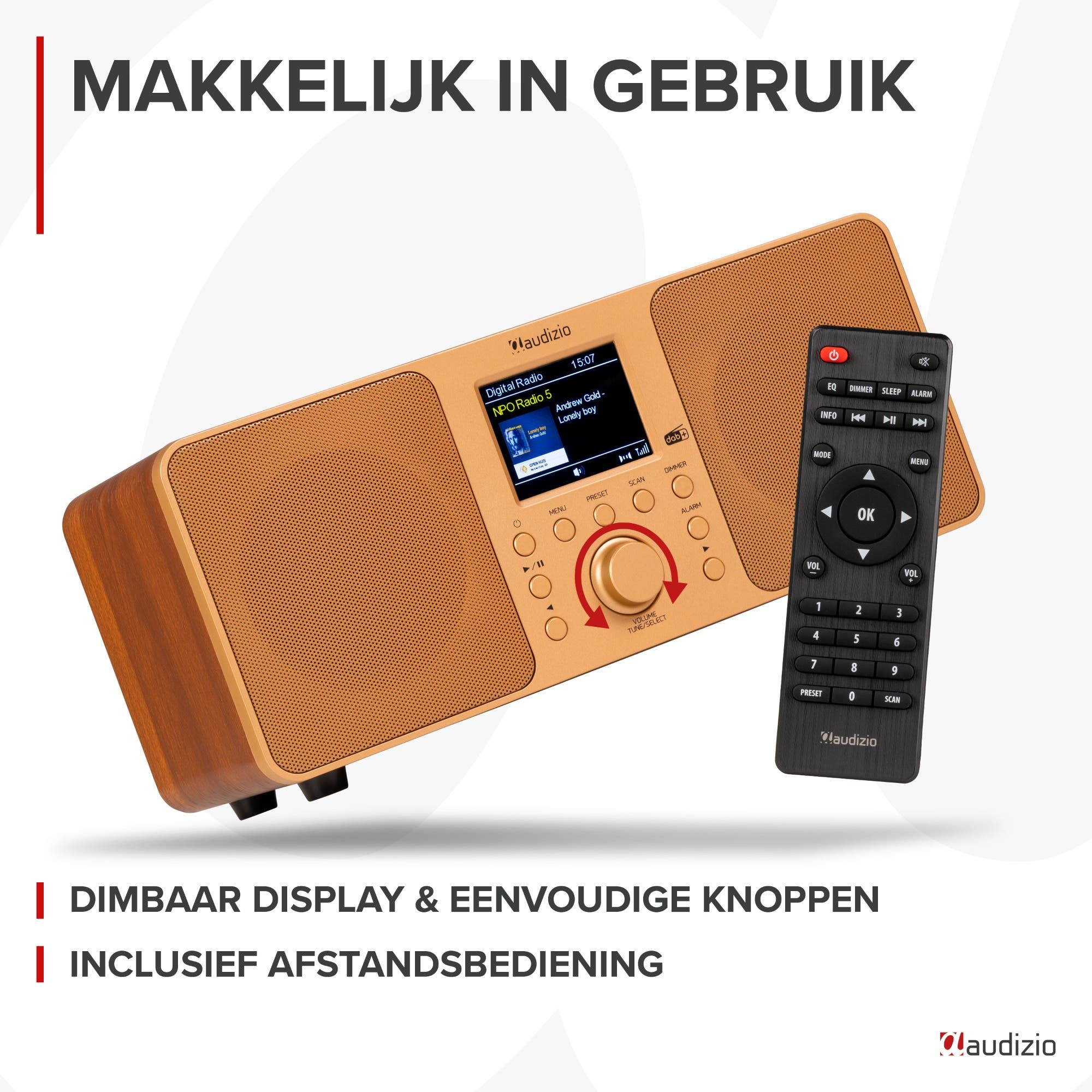 Ein brauner Digitalradio mit Fernbedienung. Der Bildschirm zeigt 'NPO Radio 5'.