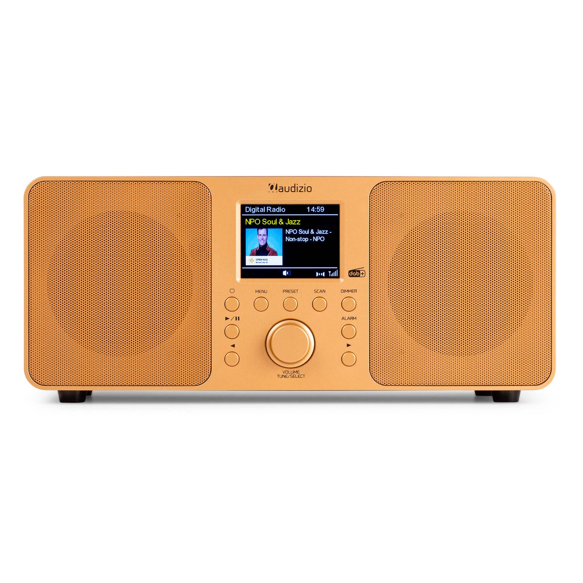 Orangenes Digitalradio mit Bildschirm, Senderinfos, Foto eines Mannes. Mit Lautsprechern.