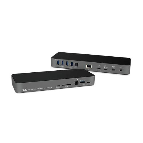 Due docking station Thunderbolt grigie su sfondo bianco.
