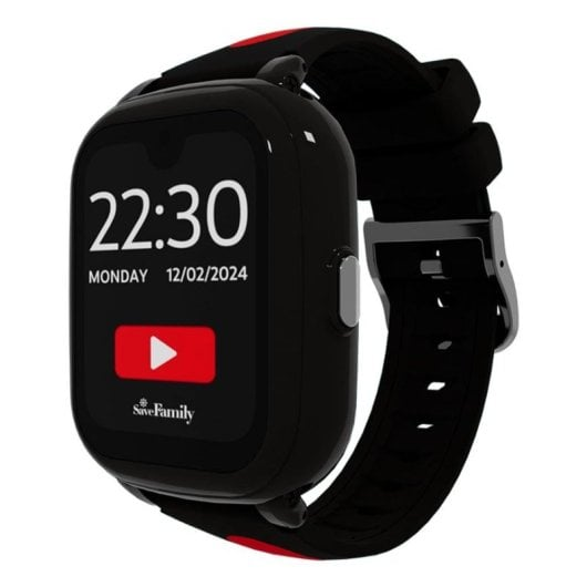 Reloj inteligente negro con botón de reproducción rojo y fecha en pantalla.