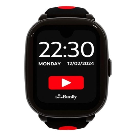 Reloj inteligente negro muestra 22:30, Lunes 12/02/2024, un botón de YouTube.