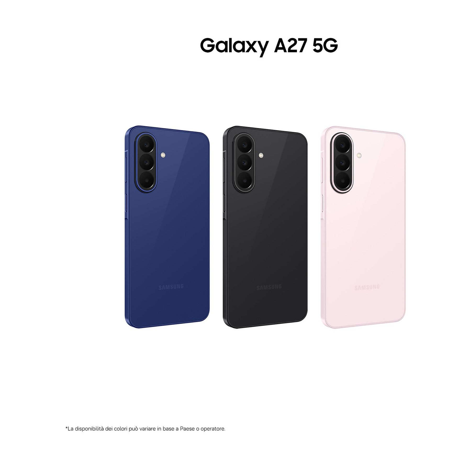Drei Samsung Galaxy A27 5G Smartphones in Blau, Schwarz und Rosa.