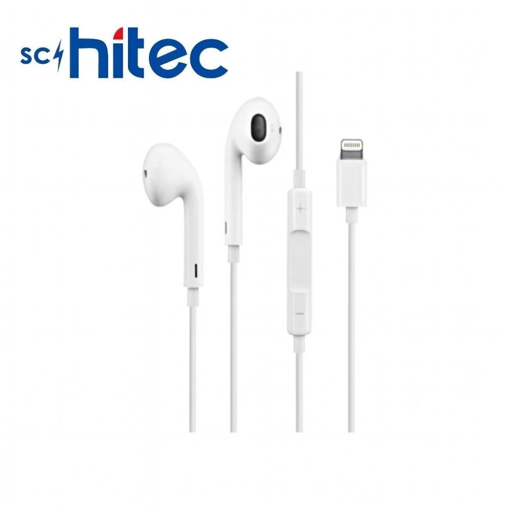 Schi-tec logolu beyaz Lightning konnektörlü kulaklıklar.