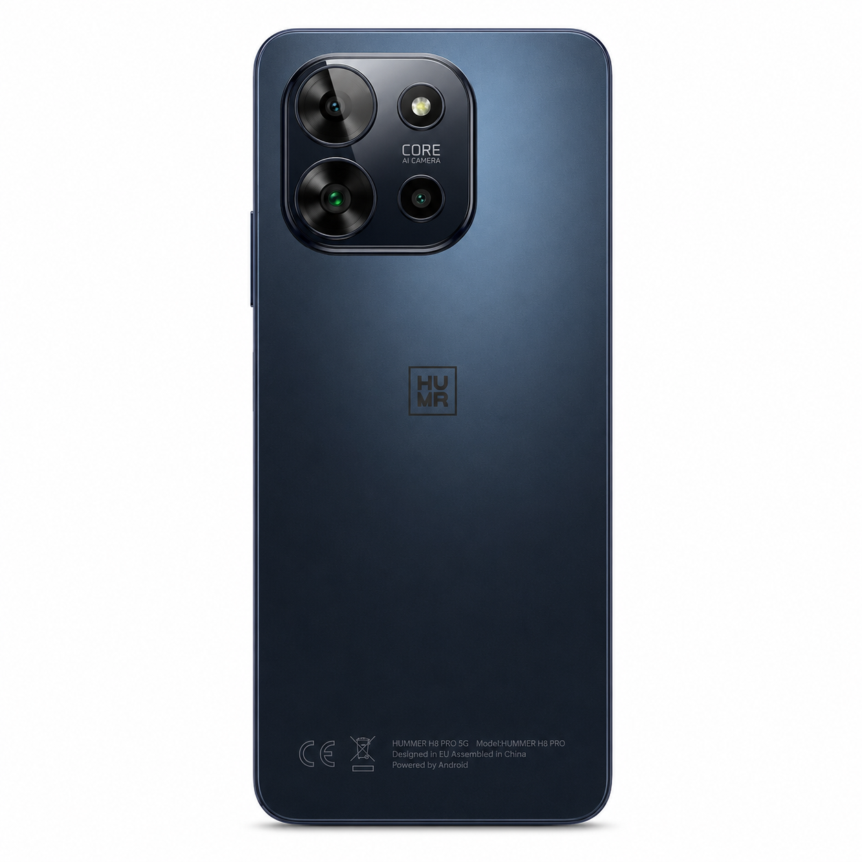 Retro smartphone blu scuro con fotocamera, logo e marchio CE.