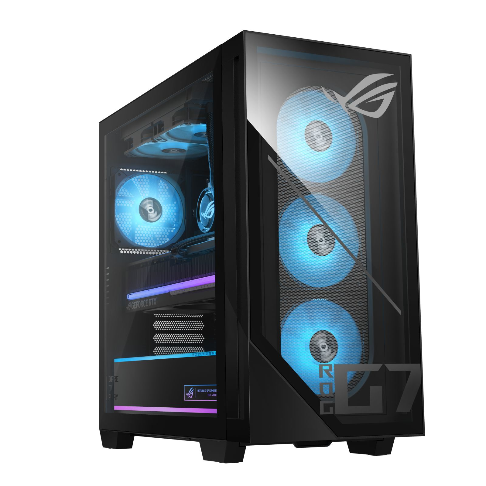 PC da gaming nero con ventole blu e pannello frontale in vetro.