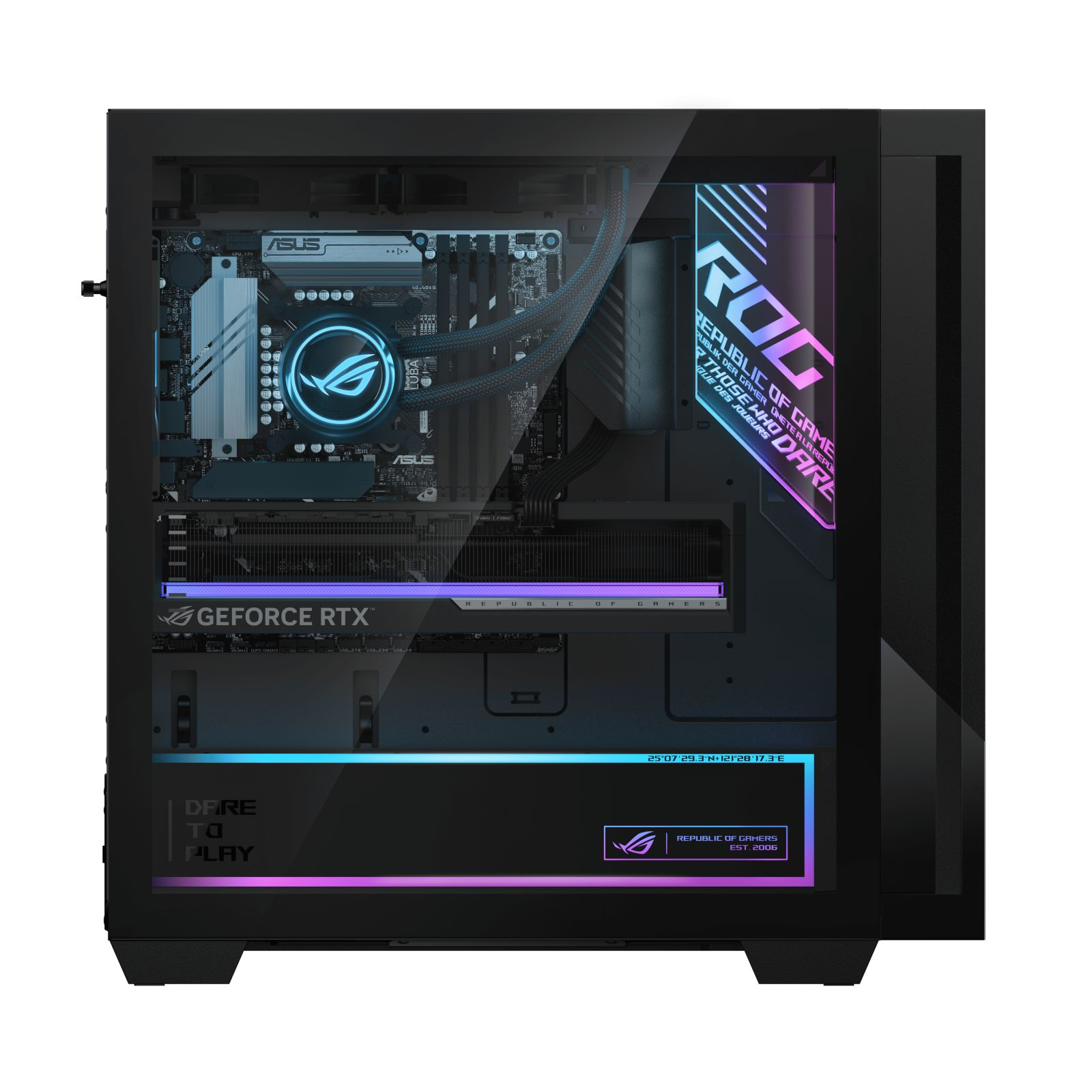 Un PC da gaming Asus con marchio ROG, illuminazione RGB e scheda grafica GeForce RTX.