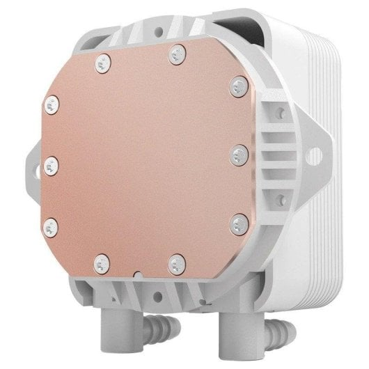 Un enfriador líquido para computadora blanco con placa y conectores de color cobre.