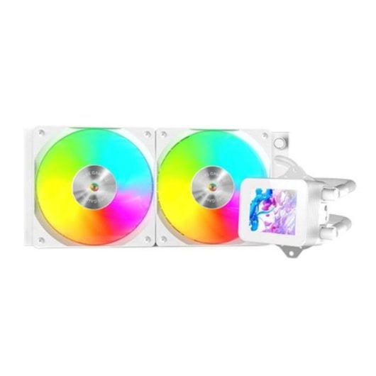 Un enfriador de CPU blanco con dos ventiladores RGB y una pequeña pantalla.