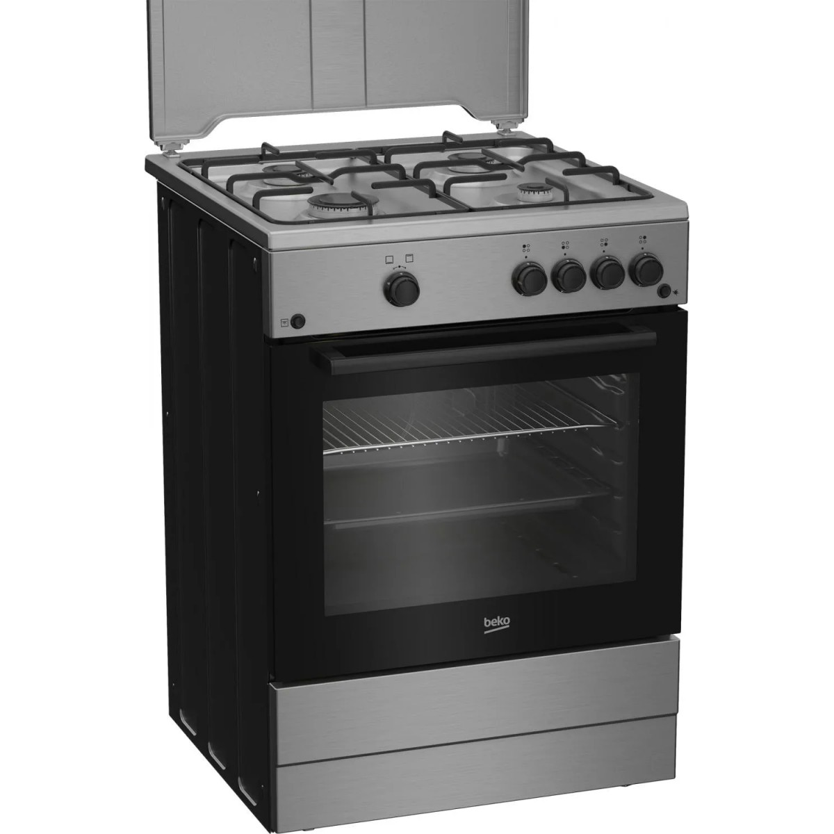 Un fornello a gas indipendente con quattro fuochi, un forno e logo Beko.