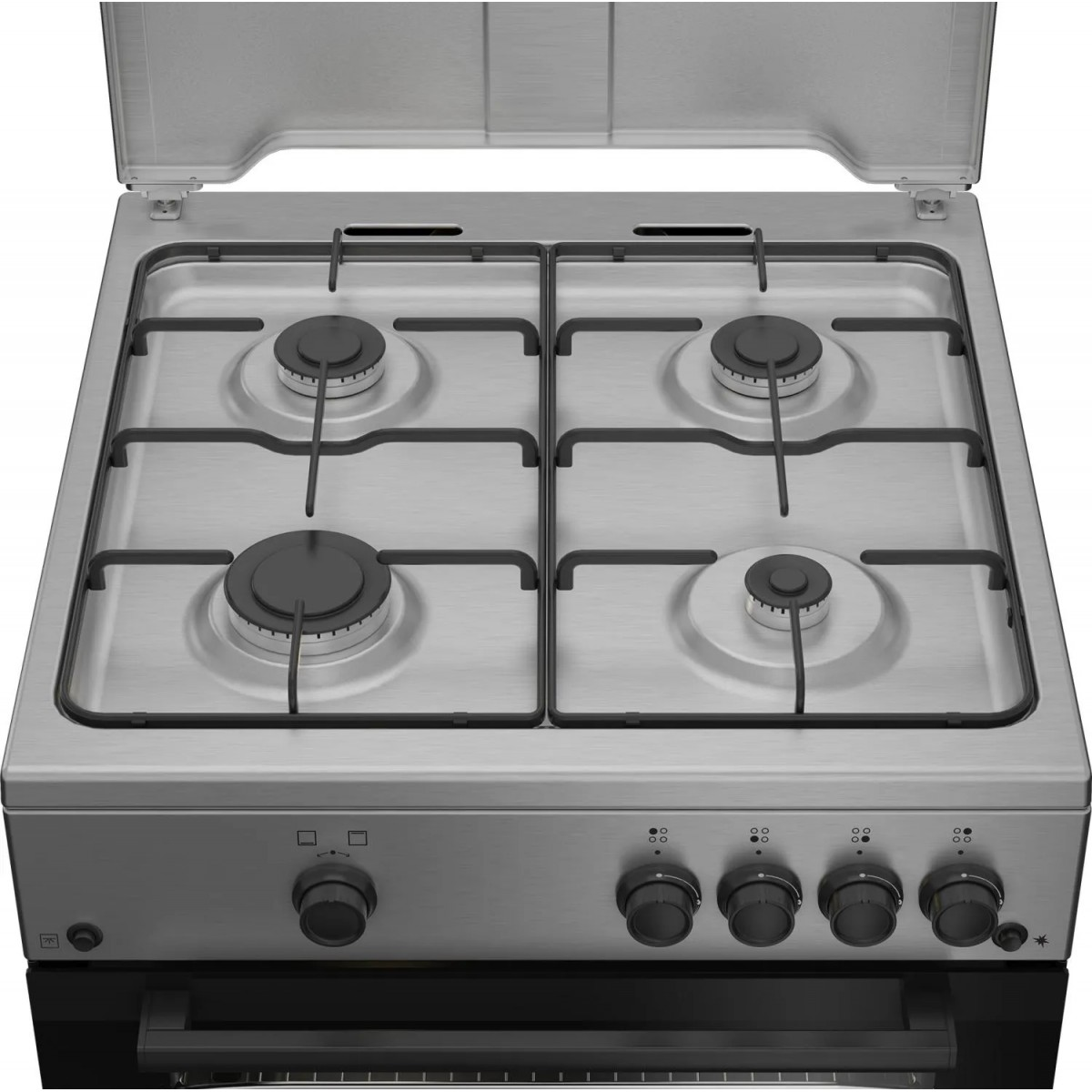 Fornello a gas in acciaio inox con quattro bruciatori e pannello di controllo.