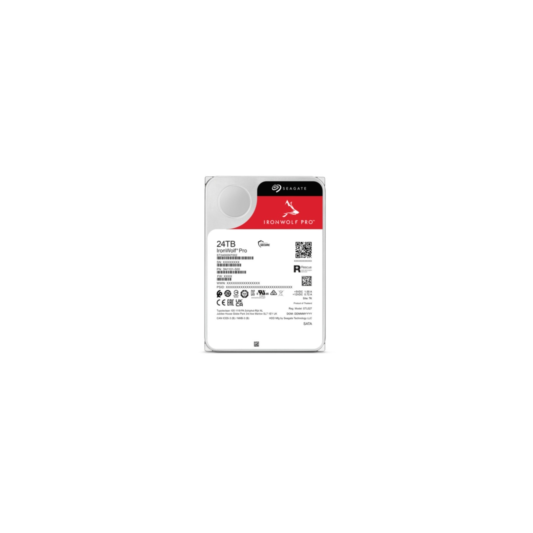 Seagate IronWolf Pro 24TB hard drive with label and QR code.