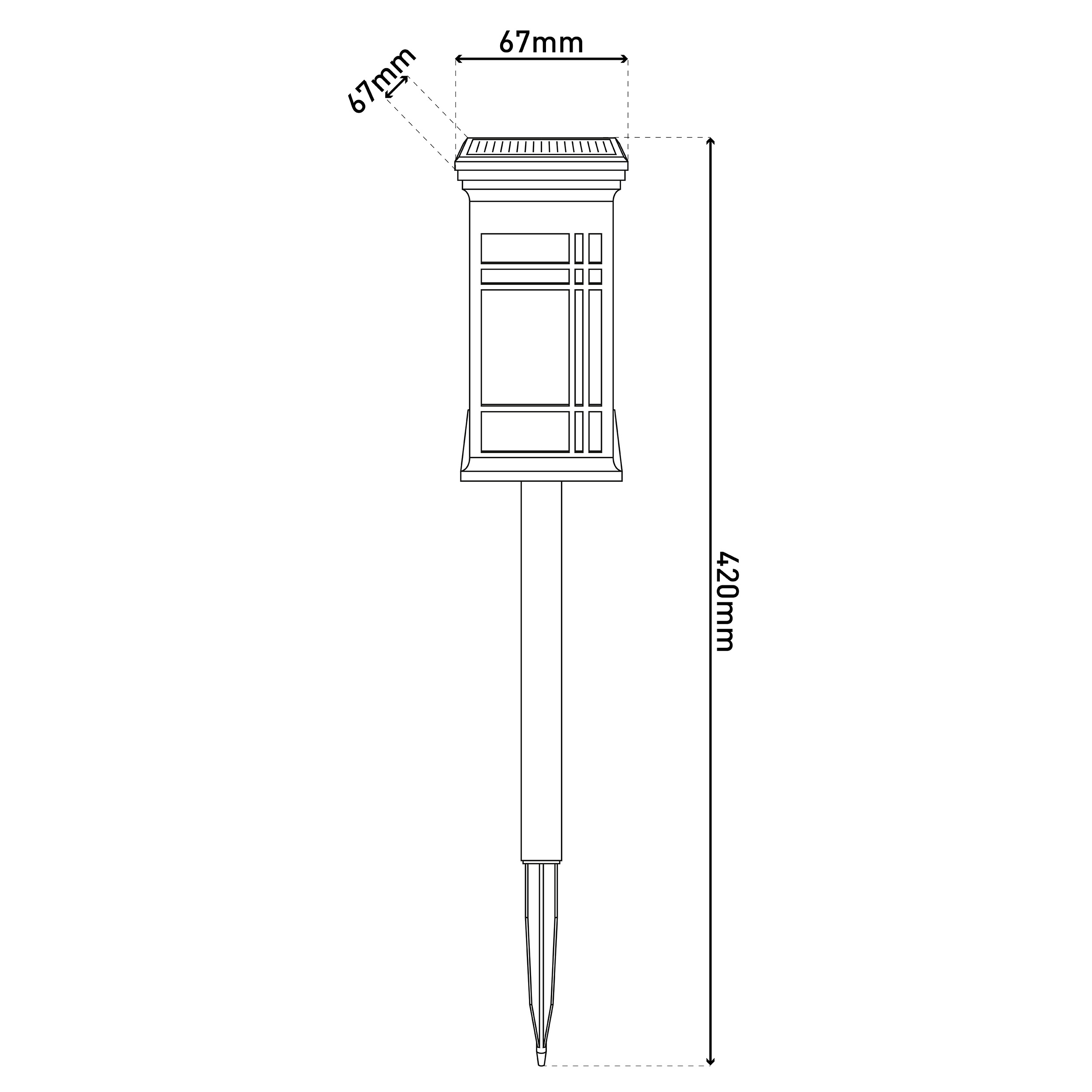 Technische Zeichnung eines Erdspieß-Gartenlichts. 420mm hoch, 67mm breit.