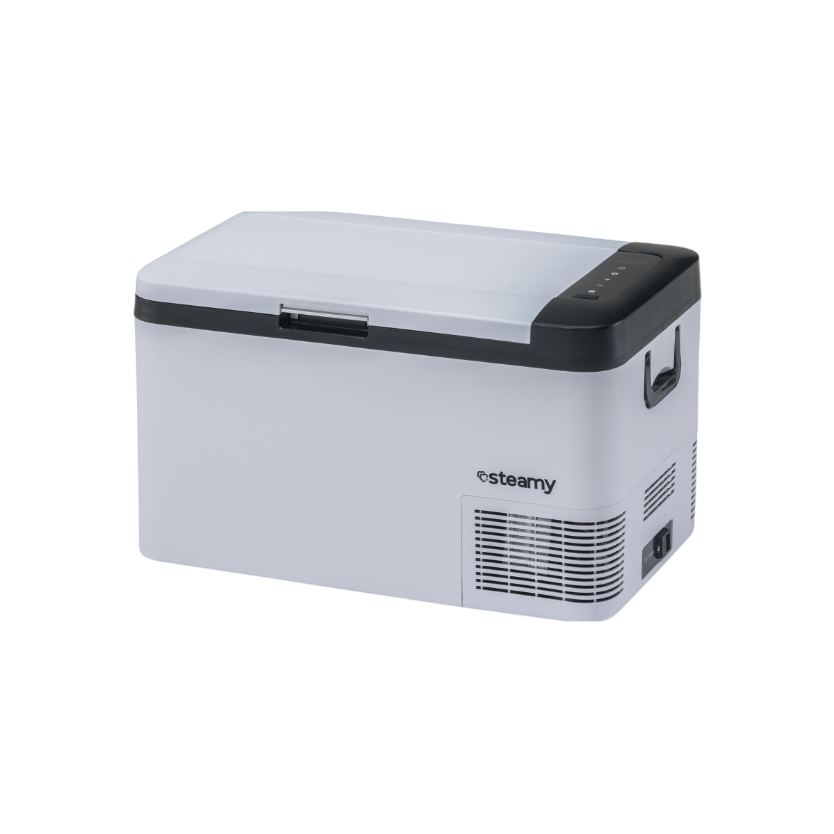 A white portable refrigerator with a black lid and handle.