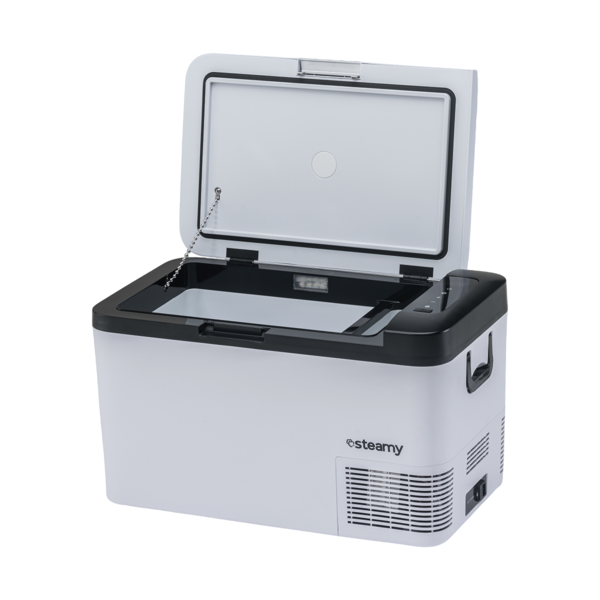 A white portable fridge with its lid open, black trim, and handle.