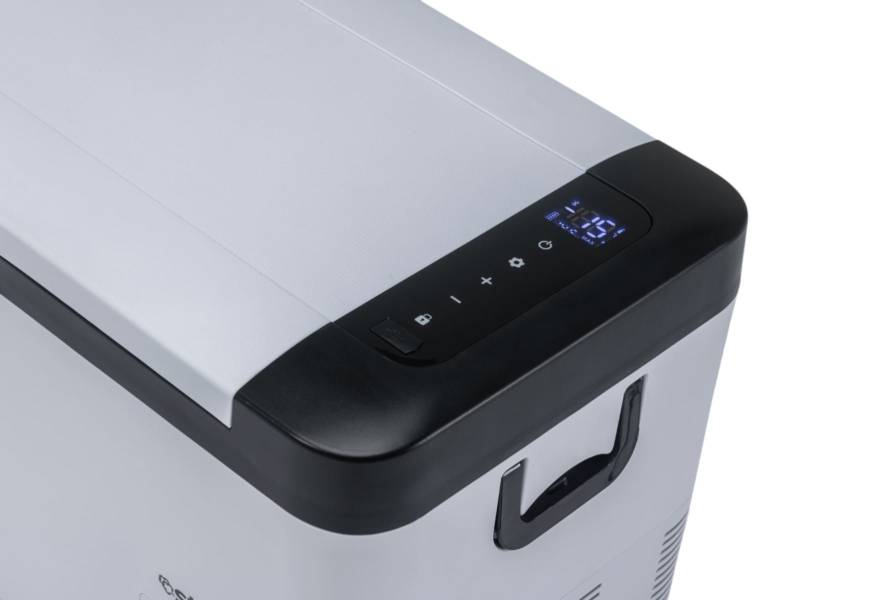 White portable cooler with black control panel showing -15 degrees.