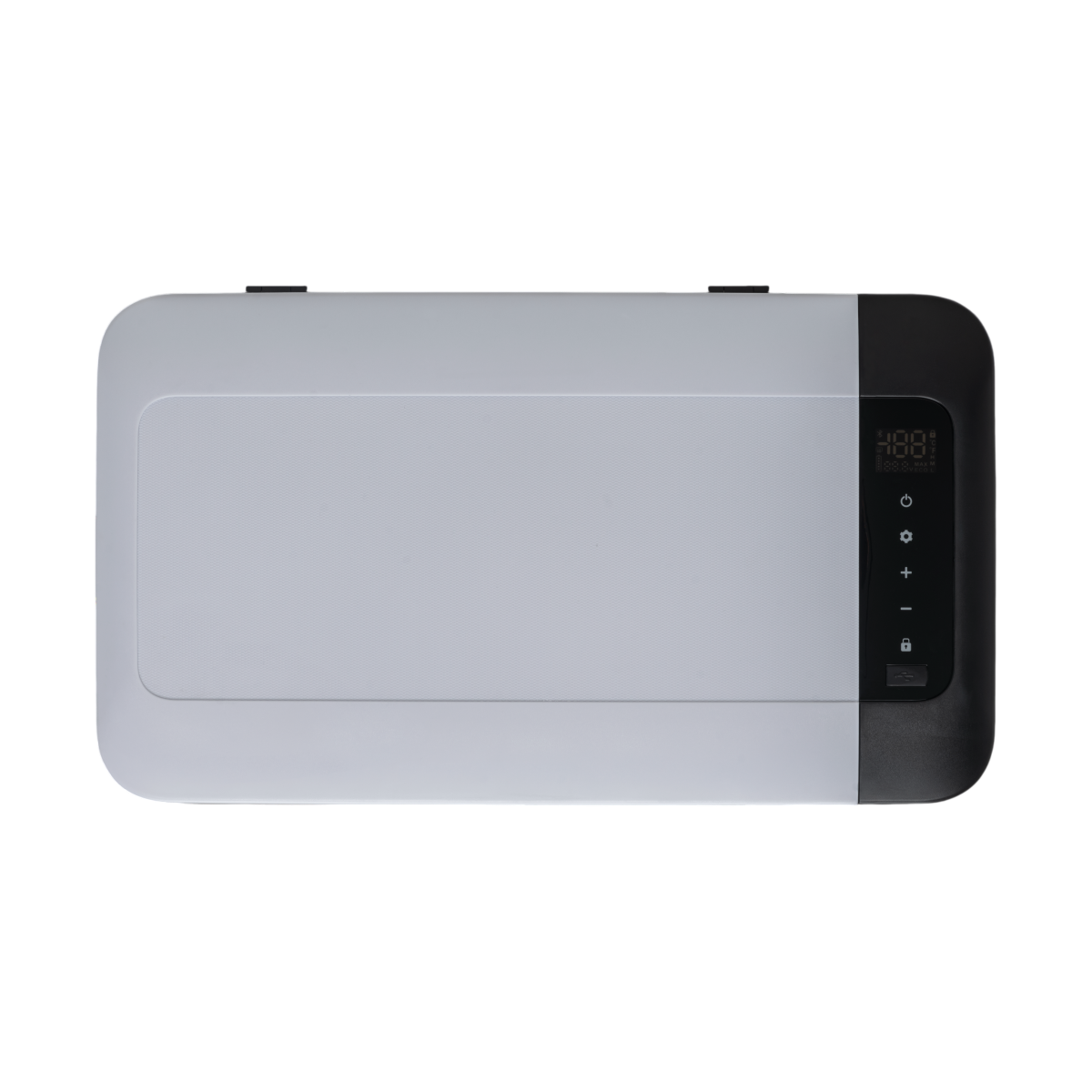 Gray casing with black trim, display, and control buttons.