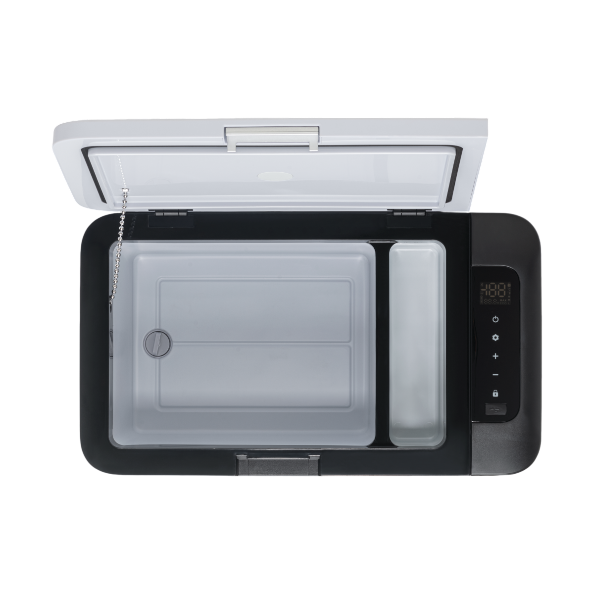 An open black portable refrigerator with a digital display and silver handle.
