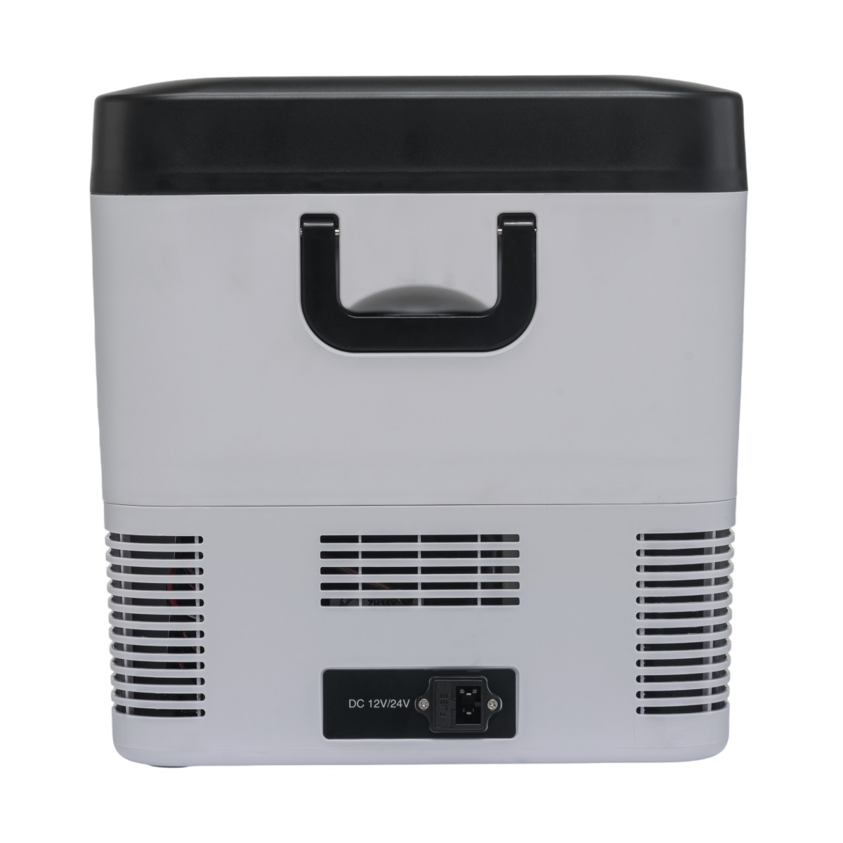 White cooler box with black lid and handle. Vents and ports at the bottom.