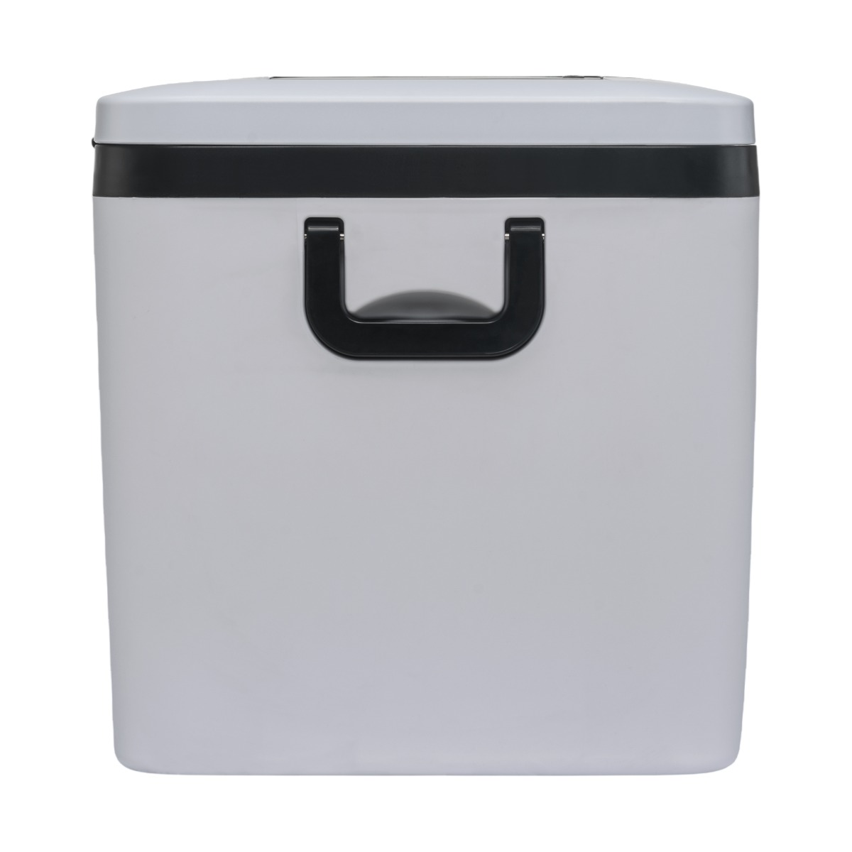 A light gray cooler with a black handle and black trim.